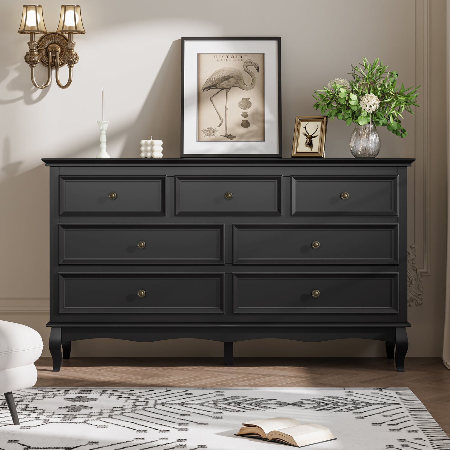 Royalcraft Dresser for Bedroom, 7 Drawers Dresser with Distinctive Wooden Legs & Black Paint Finish, Black Drawer Dresser with Spacious Storage Space for Bedroom, Living Room, Hallway