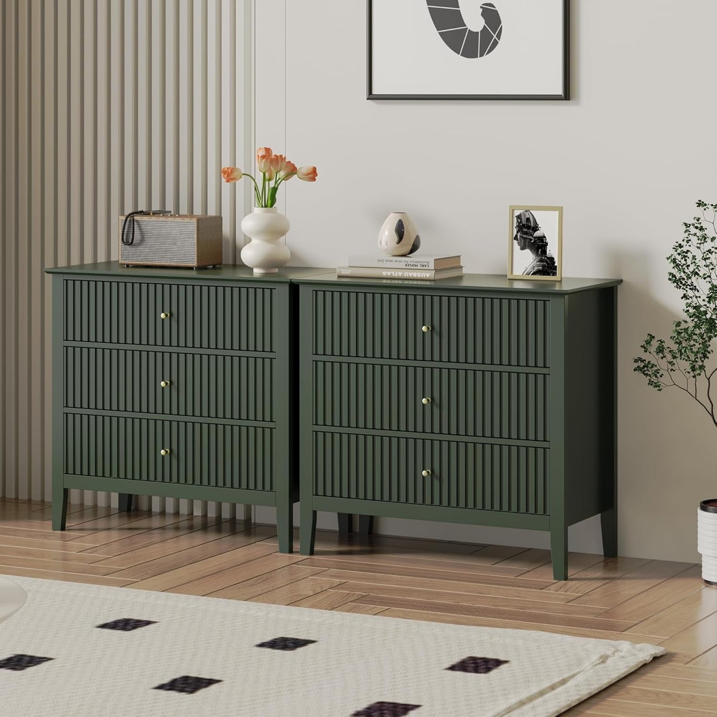 SUNVIVI Fluted 3 Drawer Dresser, Wide Chest of Drawers with Ball Bearing Slide Modern Nightstand Cabinet Wood Dresser with Spacious Storage for Bedroom, Hallway, Living Room, Entryway, Green