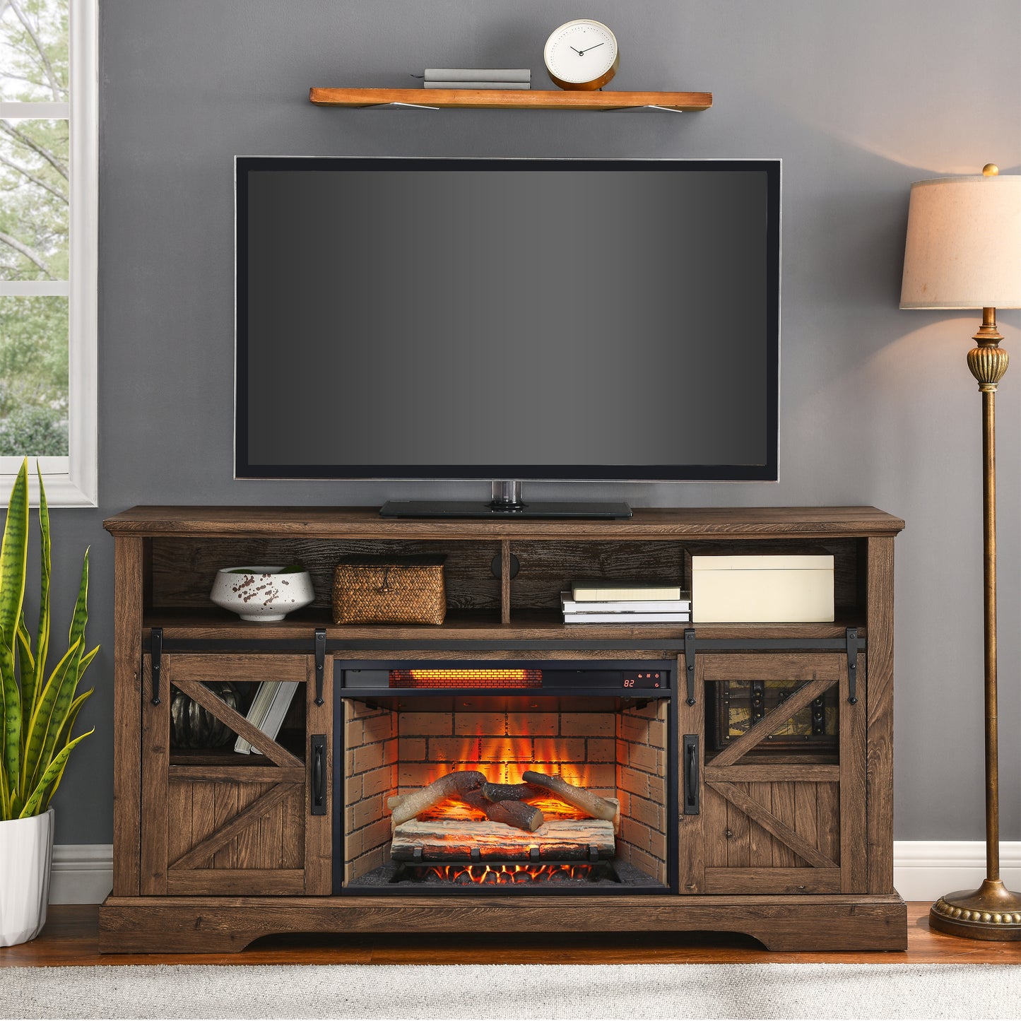 60 Inch Electric Fireplace  Entertainment Center With Door Sensor-Reclaimed Barnwood Color