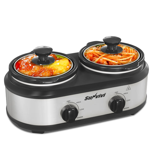 Sunvivi Dual Slow Cooker, Buffet Server and Warmer with 2 Removable Ceramic Pots, Slow Cooker Food Warmer with 3 Adjustable Temp & 2 Visible Glass Lids, Stainless Steel, Total 2.5 QT
