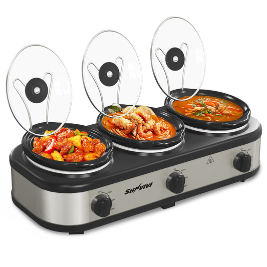 Sunvivi Triple Slow Cooker, Buffet Server and Warmer with 3 Removable Ceramic Pots, Slow Cooker Food Warmer with 3 Adjustable Temp & 3 Metal Lid Rests, Stainless Steel, Total 4.5 QT