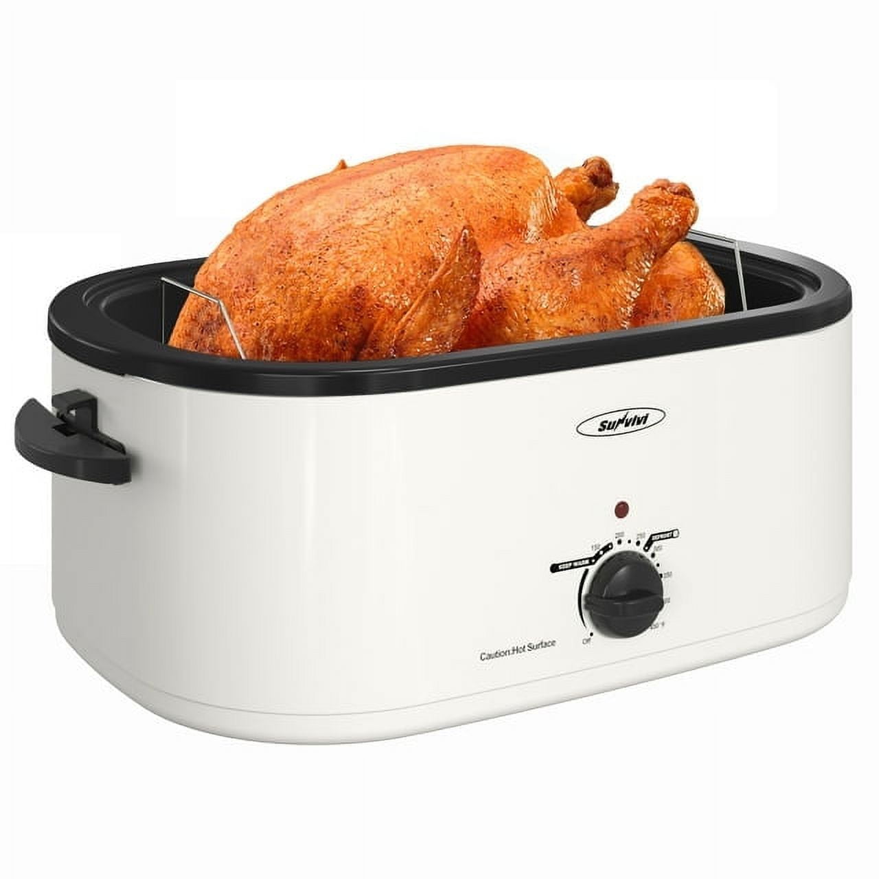 Sunvivi 22 Quart Electric Turkey Roaster Oven with Visible Glass Lid,Removable Pan & Rack, Stainless Steel,White