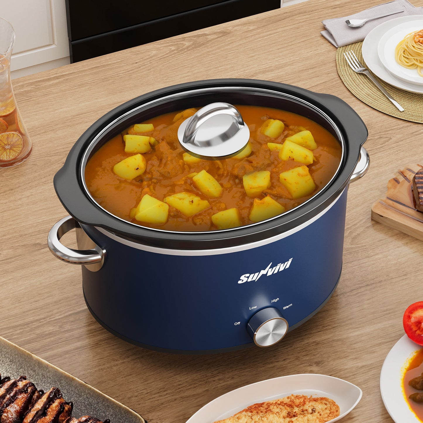 Sunvivi 4QT Compact Slow Cooker & Food Warmer with 3 Temperature Settings, Dishwasher Safe, Blue