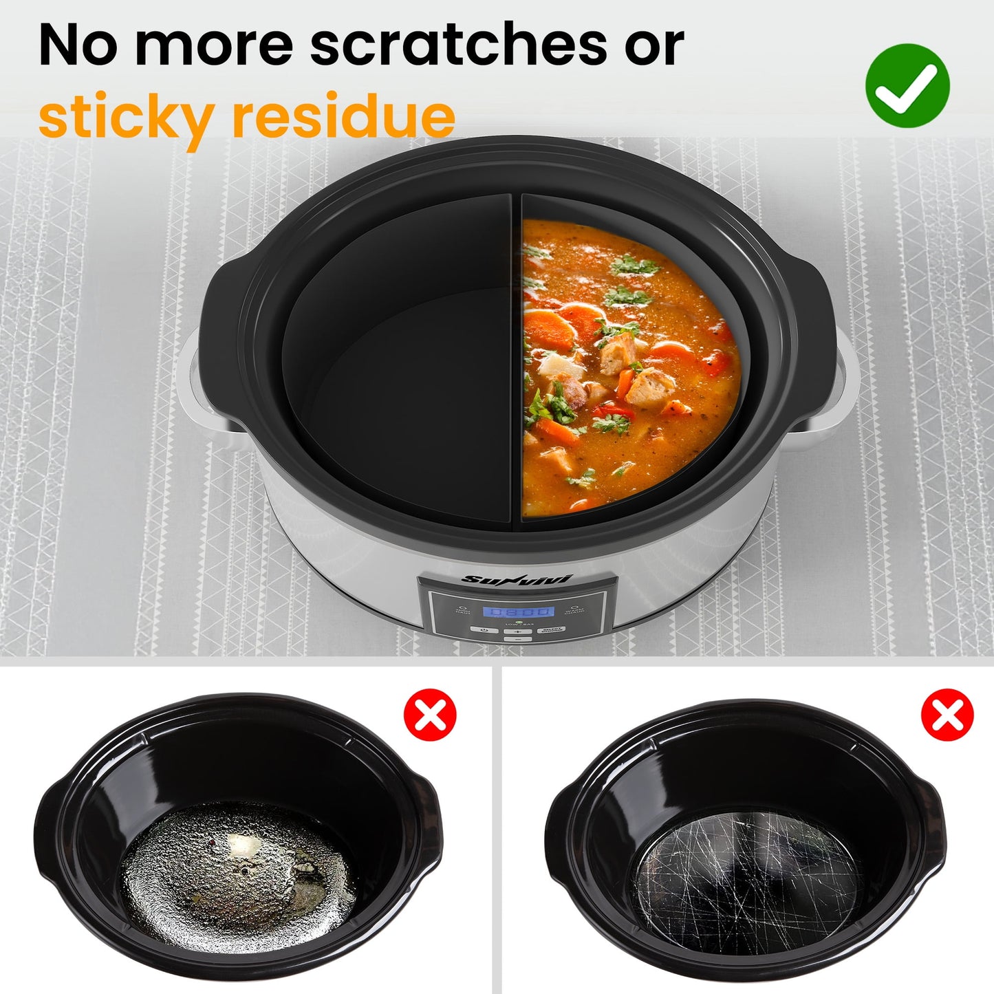 Sunvivi 6 Qt Programmable Slow Cooker with 2-in-1 Silicone Liners - Digital Timer - Silver
