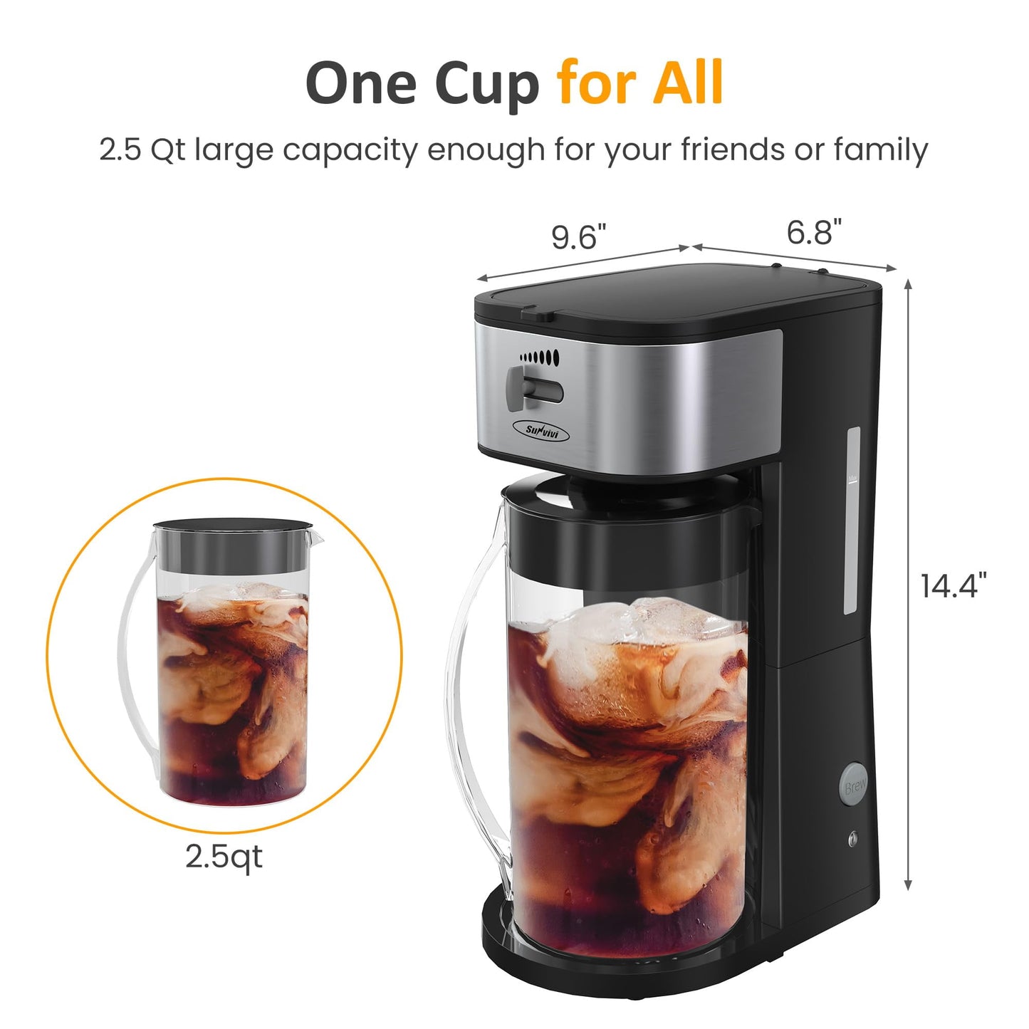 Sunvivi Iced Tea Maker with 2.5-Quart Pitcher, Iced Coffee Brewing Maker for Ground Coffee, Tea Bags, Loose Leaf Tea, 7 Cups Coffee Machines for Home, Strength Control for Flavor, Black