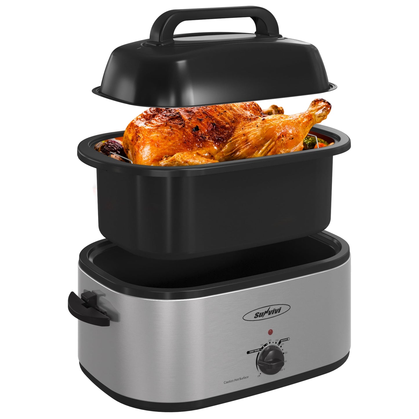 Sunvivi 20 Quart Electric Turkey Roaster Oven with Visible Glass Lid,Removable Pan & Rack, Stainless Steel,Silver
