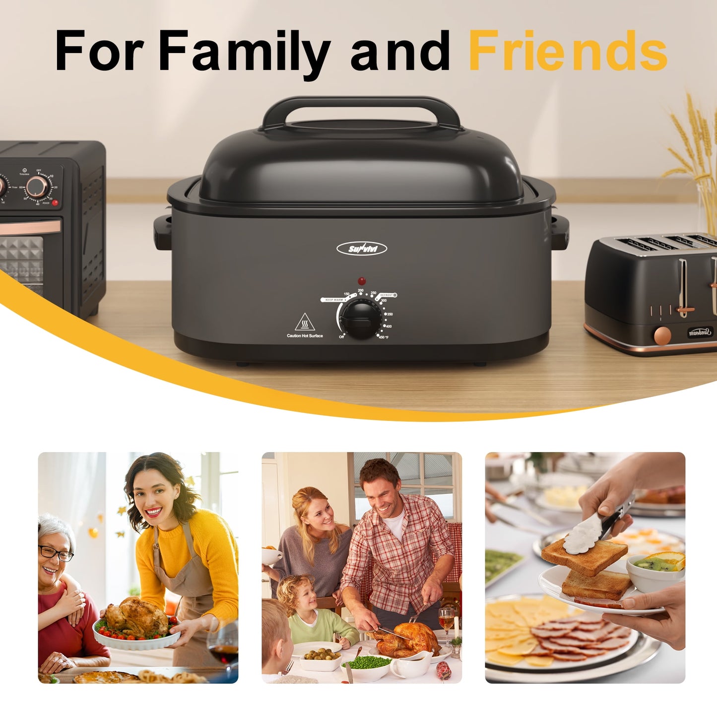 Sunvivi Roaster Oven with Self-Basting Lid, 26qt Electric Roaster with Removable Pan & Rack, Turkey Roaster Oven with Defrost & Warm Function, Stainless Steel, Grey