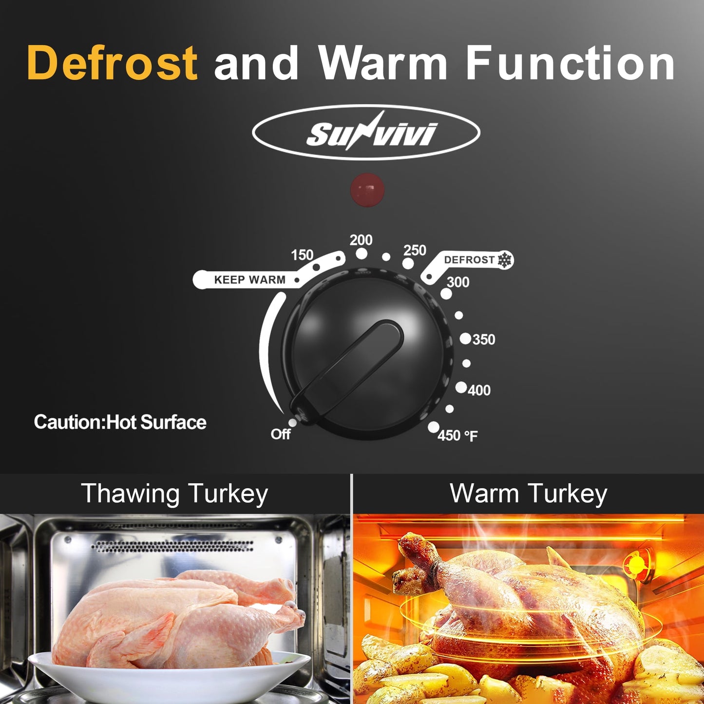 Sunvivi Roaster Oven with Self-Basting Lid, 8qt Electric Roaster with Removable Pan & Rack, Turkey Roaster Oven with Defrost & Warm Function, Stainless Steel, Black