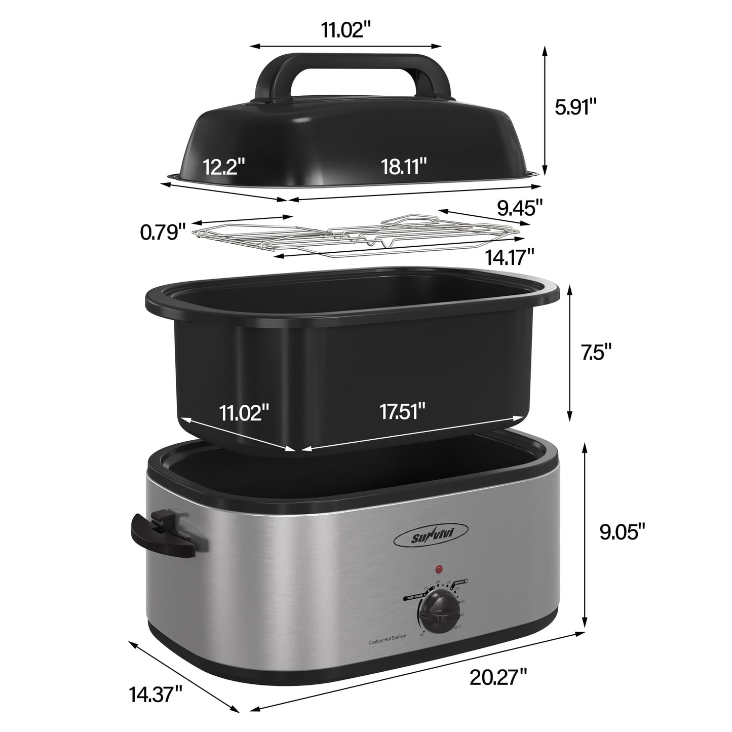 Sunvivi 24 Quart Electric Roaster Oven with Glass Lid, Self-Basting Lid, Removable Pan, Cool-Touch Handles, Silver