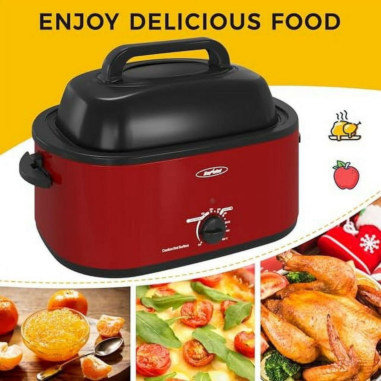 26 Quart Electric Turkey Roaster Oven with Visible Glass Lid,Removable Pan & Rack, Stainless Steel,Red