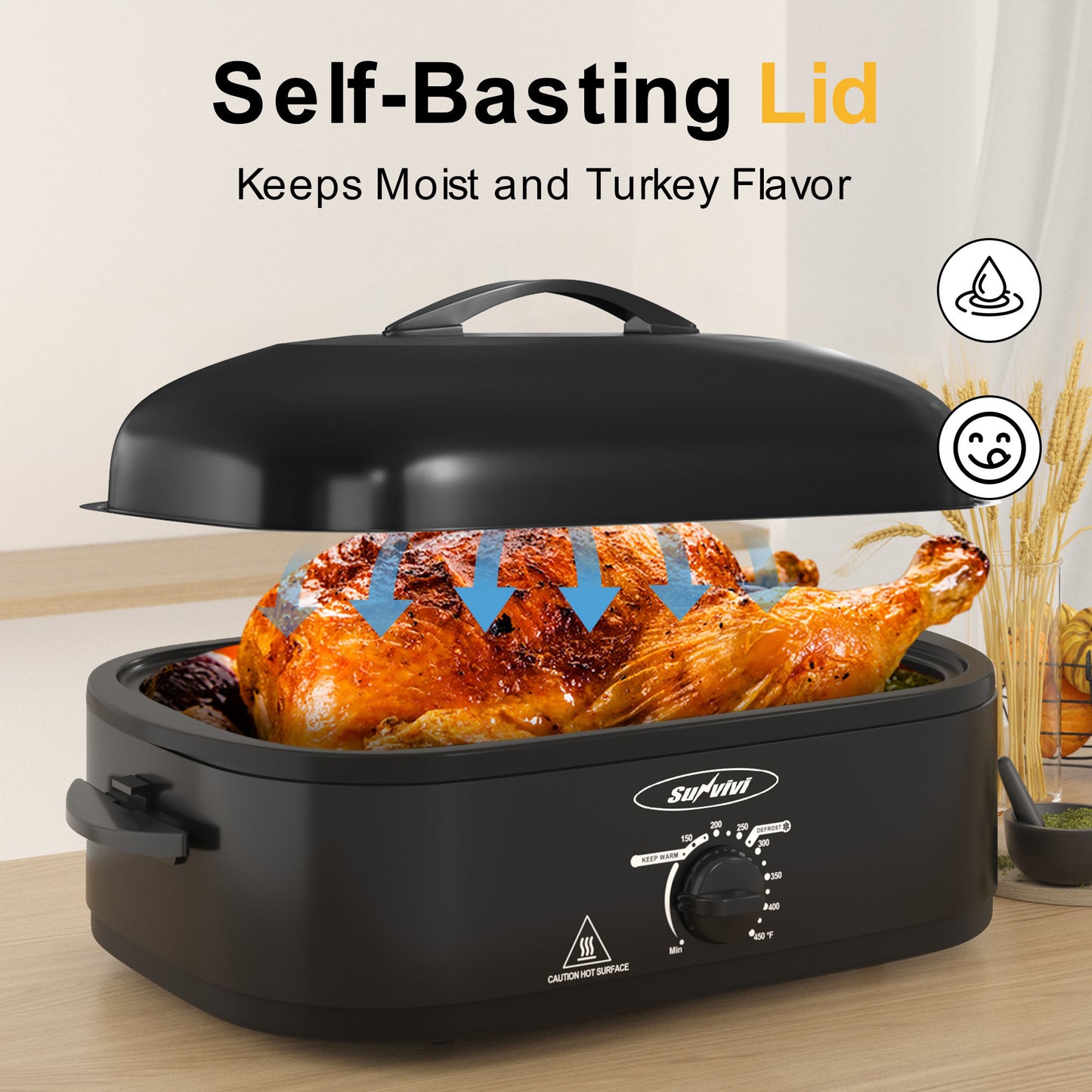 14-Quart Roaster Oven, Electric Roaster Oven with Self-Basting Lid, Turkey Roaster with Unique Defrost/Warm Function, Large Roaster with Removable Pan & Rack, Stainless Steel, Black