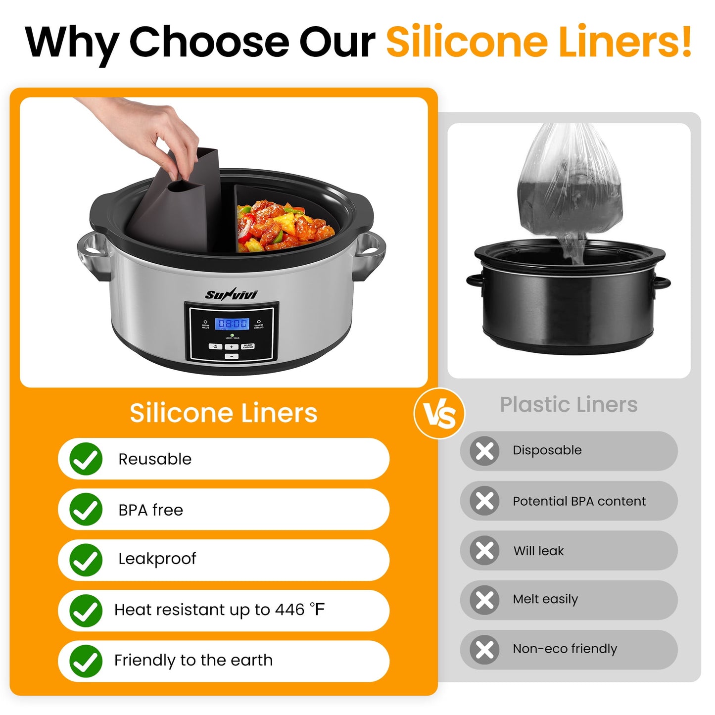 Sunvivi 6 Qt Programmable Slow Cooker with 2-in-1 Silicone Liners - Digital Timer - Silver