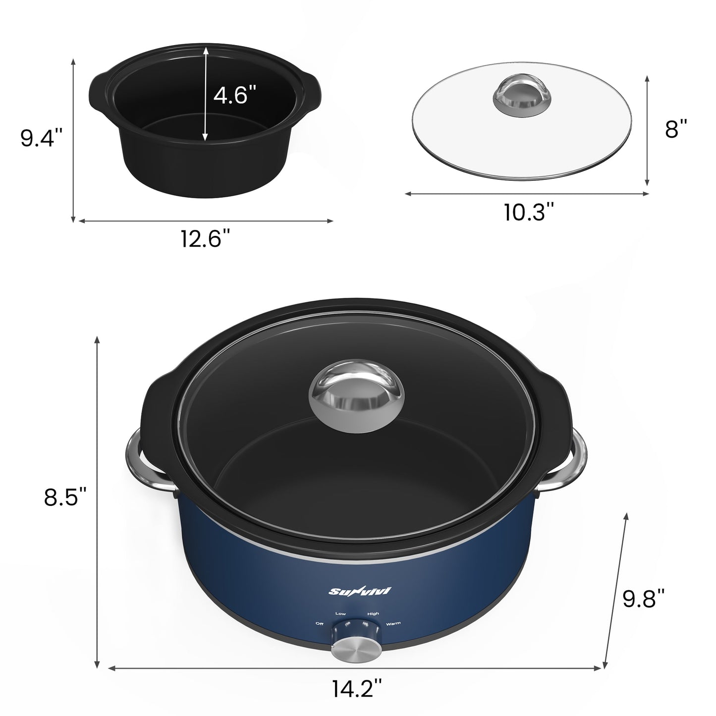 3QT Compact Slow Cooker & Food Warmer with 3 Temperature Settings, Removable Ceramic Pot, Dishwasher-Safe Glass Lid, Stainless Steel - Available in Black, Silver, and Blue