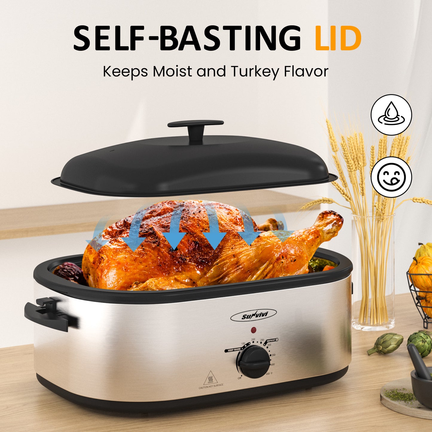 Sunvivi Electric Roaster Oven, 18 QT Turkey Roaster with Self-Basting Lid and Buffet Server, Roaster Oven with Adjustable Temperature Control, Removable Pan & Rack for Turkey, Pizza, Meat, Stainless Steel, Silver