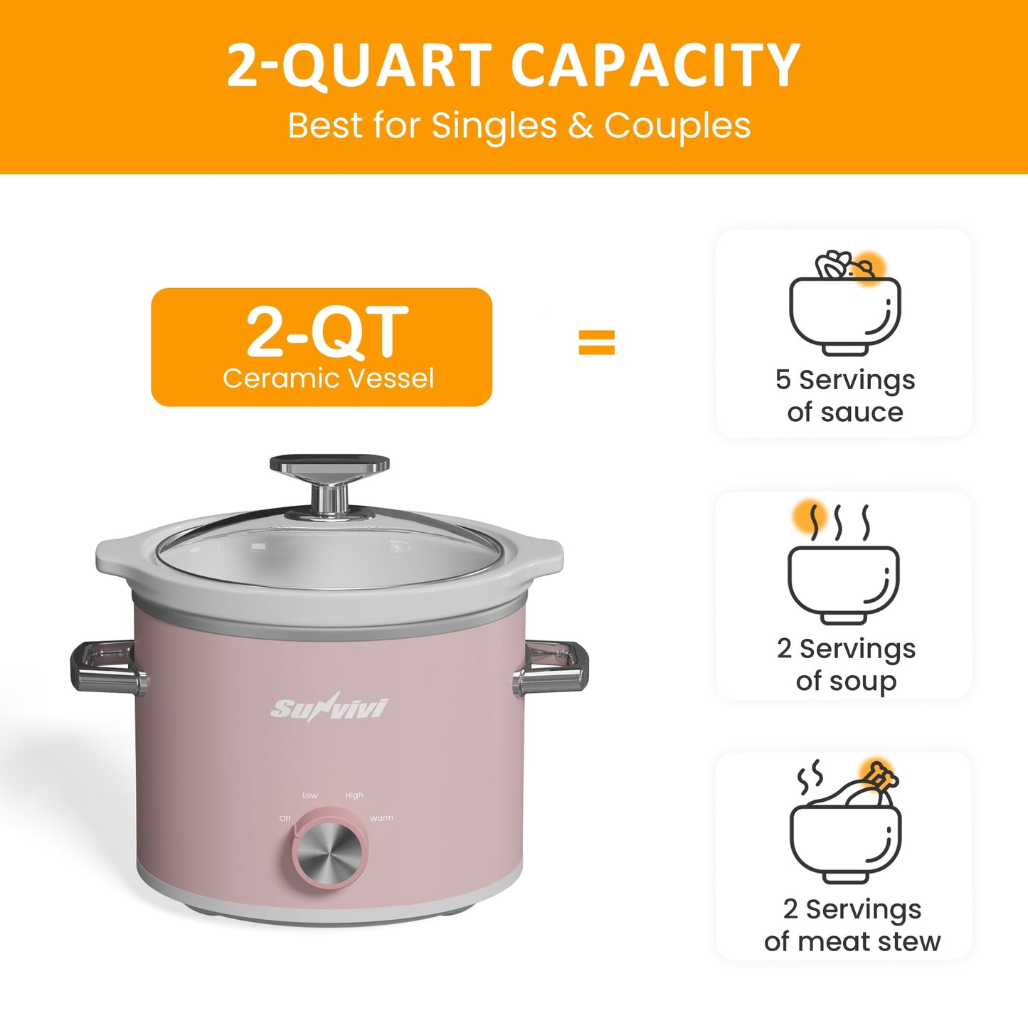 2QT Small Slow Cooker with Removable Ceramic Pot, 3 Heating Settings, Dishwasher-Safe Glass Lid, Pink