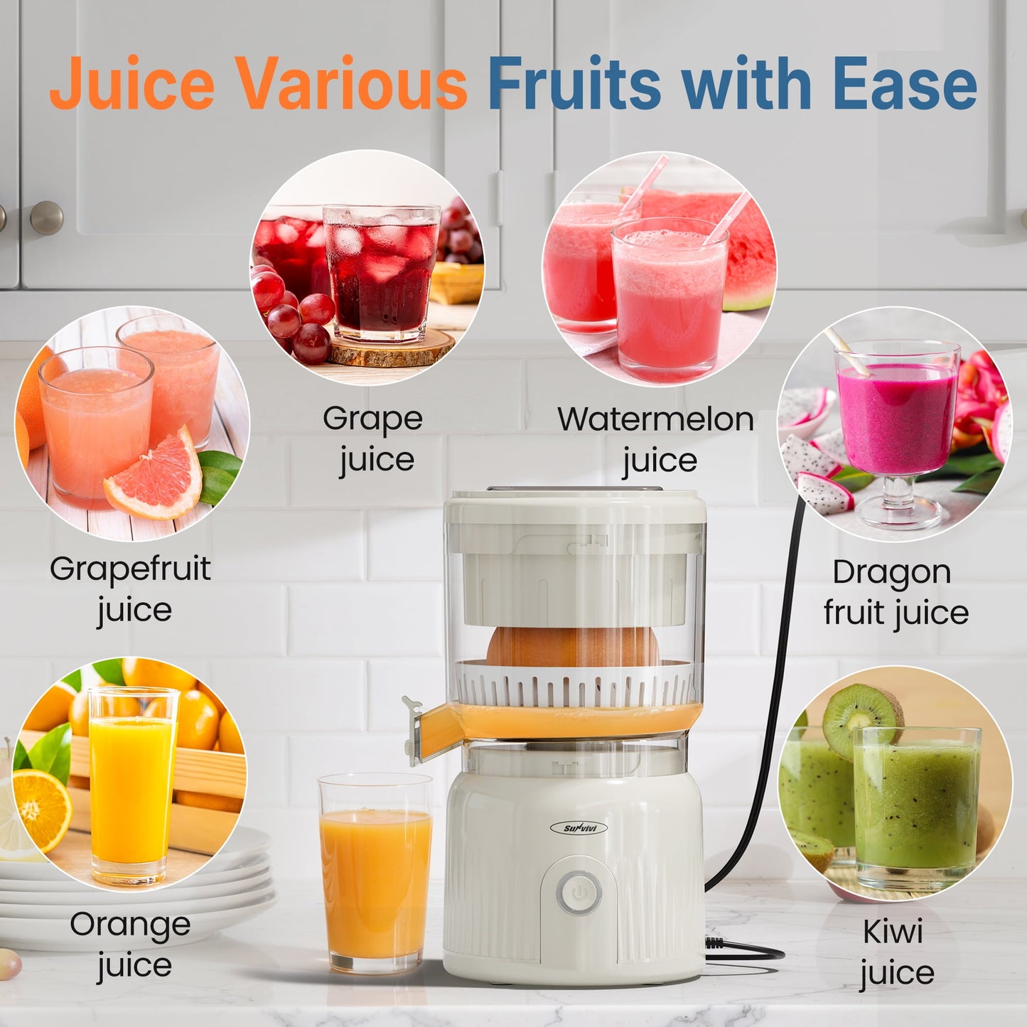 Sunvivi Citrus Juicer Electric, 90W Automatic Orange and Lemon Squeezer, Fast 15,000 RPM Fruit Juicer, Compact Design, Easy to Clean with Cleaning Brush, Beige