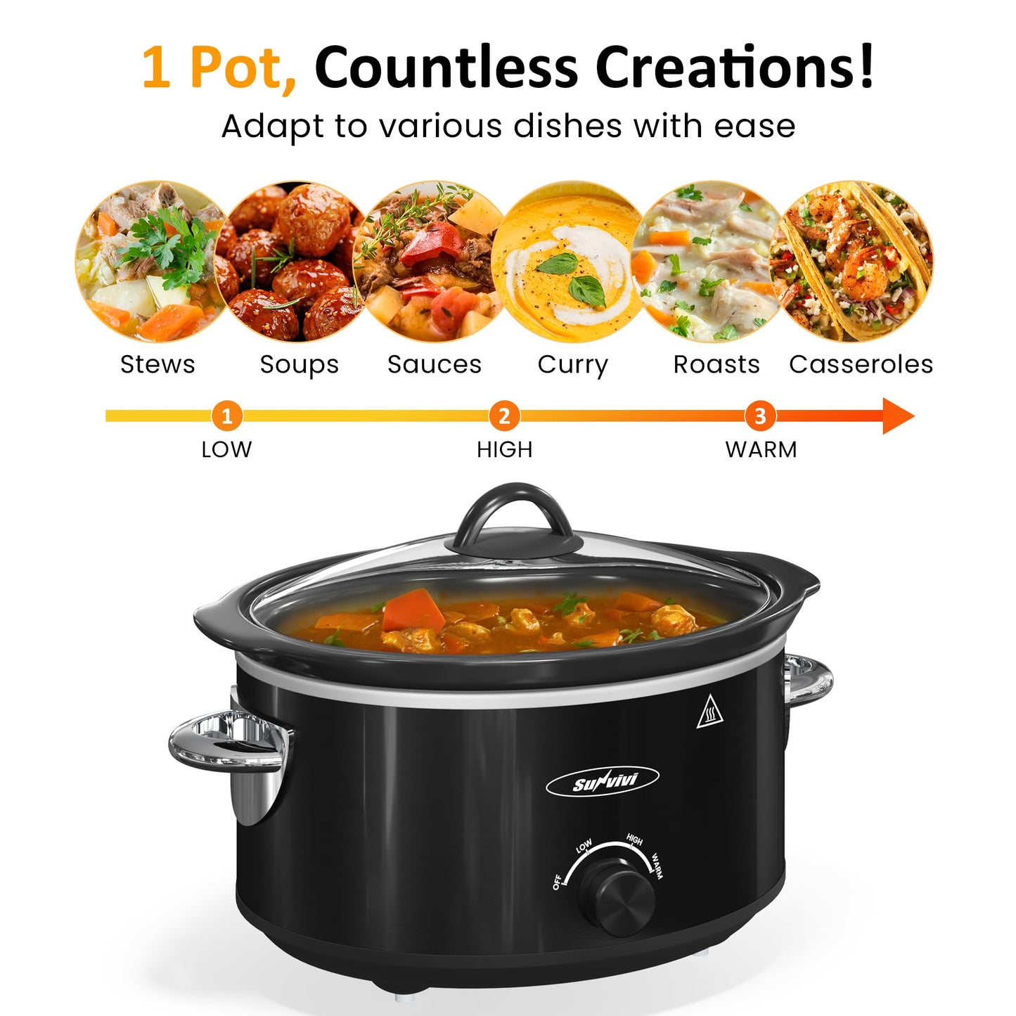 SUNVIVI Small Slow Cooker 4QT, Mini Food Warmer with 3 Heating Settings, Removable Ceramic Pot, Dishwasher Safe Glass Lid, Stainless Steel