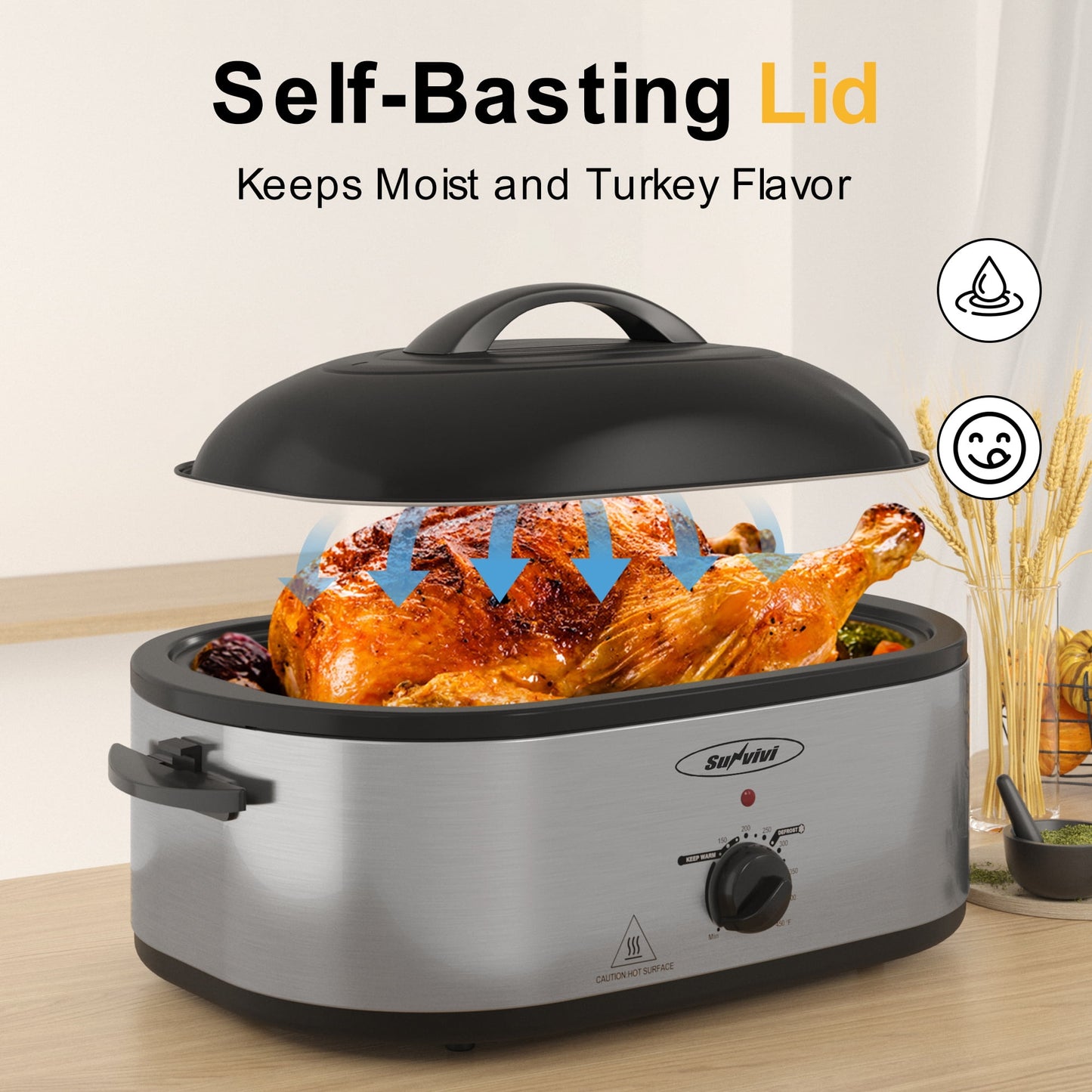 Sunvivi 18 Quart Electric Roaster Oven with Removable Pan, 150 to 450¡ãF Temperature Control, and Cool-Touch Handles, Silver