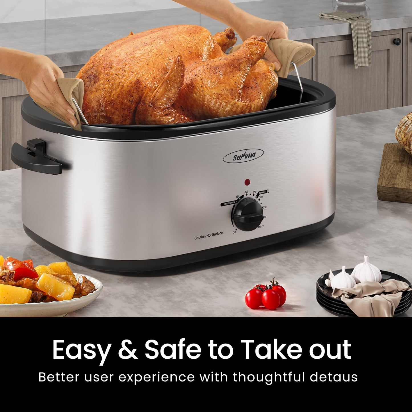 Sunvivi Roaster Oven with Self-Basting Lid, 20qt Electric Roaster with Removable Pan & Rack, Turkey Roaster Oven with Defrost & Warm Function, Stainless Steel, Silver