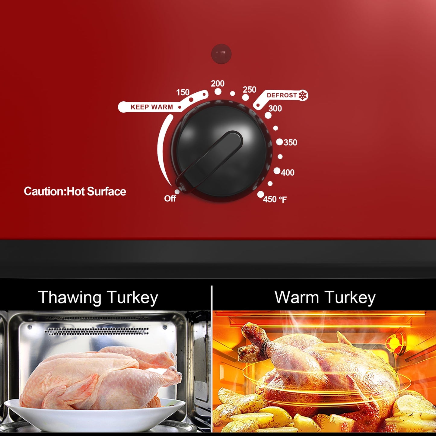 Sunvivi Roaster Oven with Self-Basting Lid, 18qt Electric Roaster with Removable Pan & Rack, Turkey Roaster Oven with Defrost & Warm Function, Stainless Steel, Red