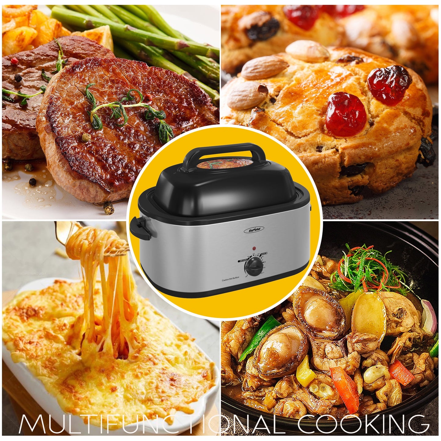 Sunvivi Electric Turkey Turkey Roaster Oven with Visible Glass Lid,Removable Pan & Rack, Stainless Steel