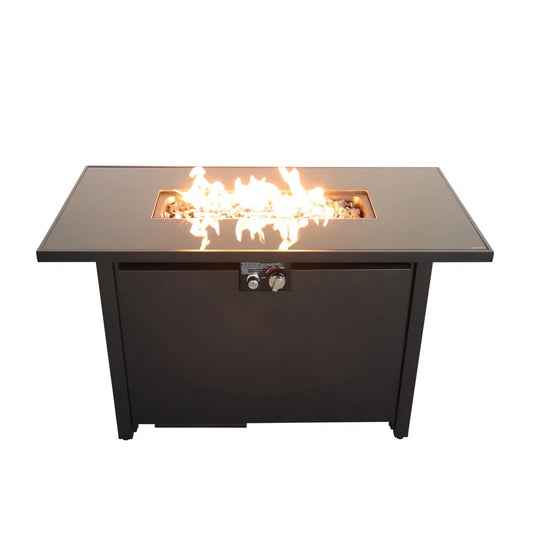 Modern 43' Smoked Glass Metal Rectangle Fire Pit Table Black Steel Construction