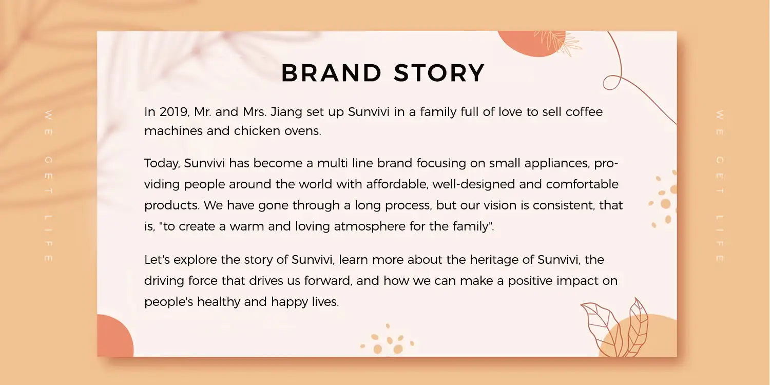 The image displays a beige rectangular card with black text and decorative orange leaf illustrations on the edges, featuring the heading ’brand story’ in bold uppercase letters.