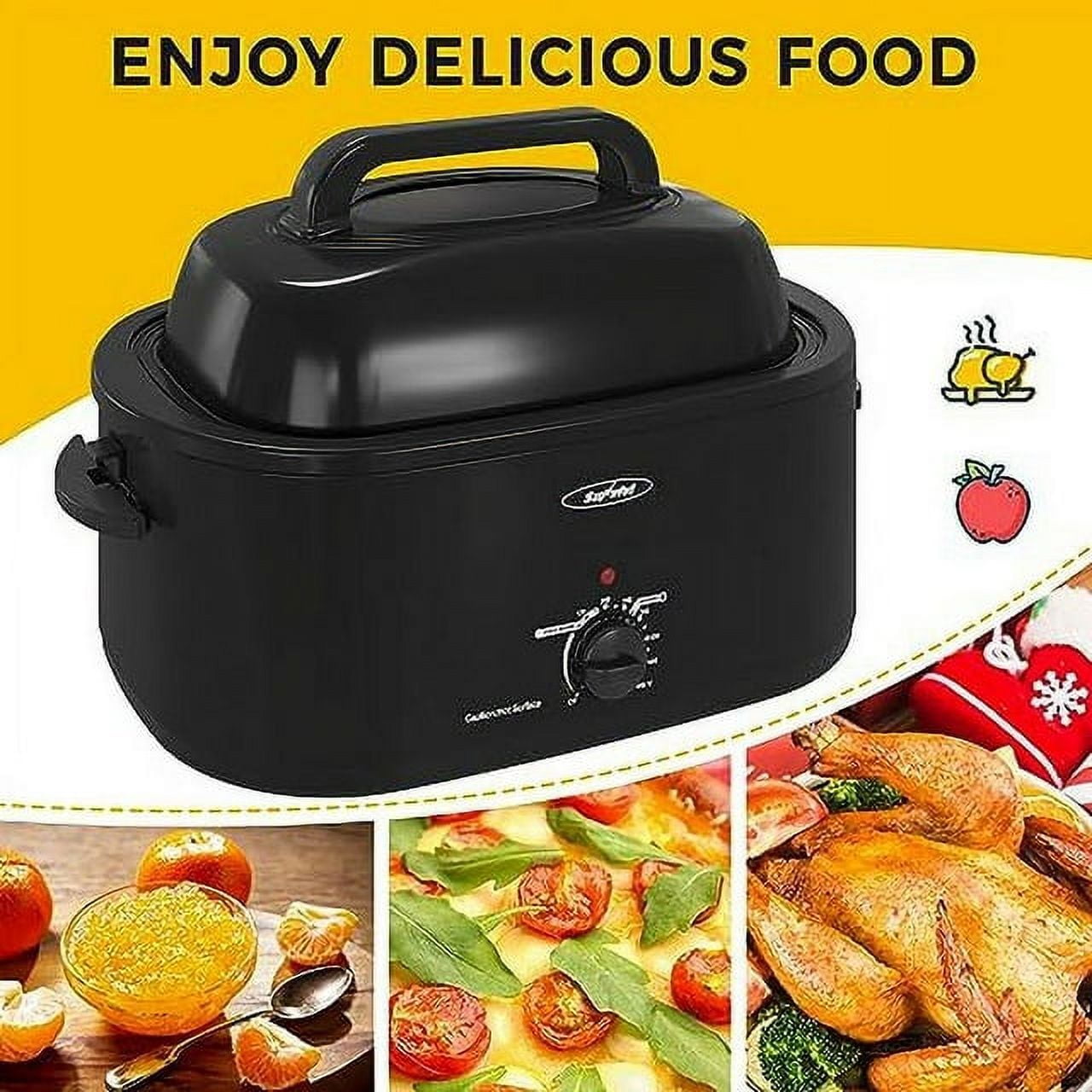 Sunvivi 22 Quart Electric Turkey Roaster Oven with Visible Glass Lid,Removable Pan & Rack, Stainless Steel, Black