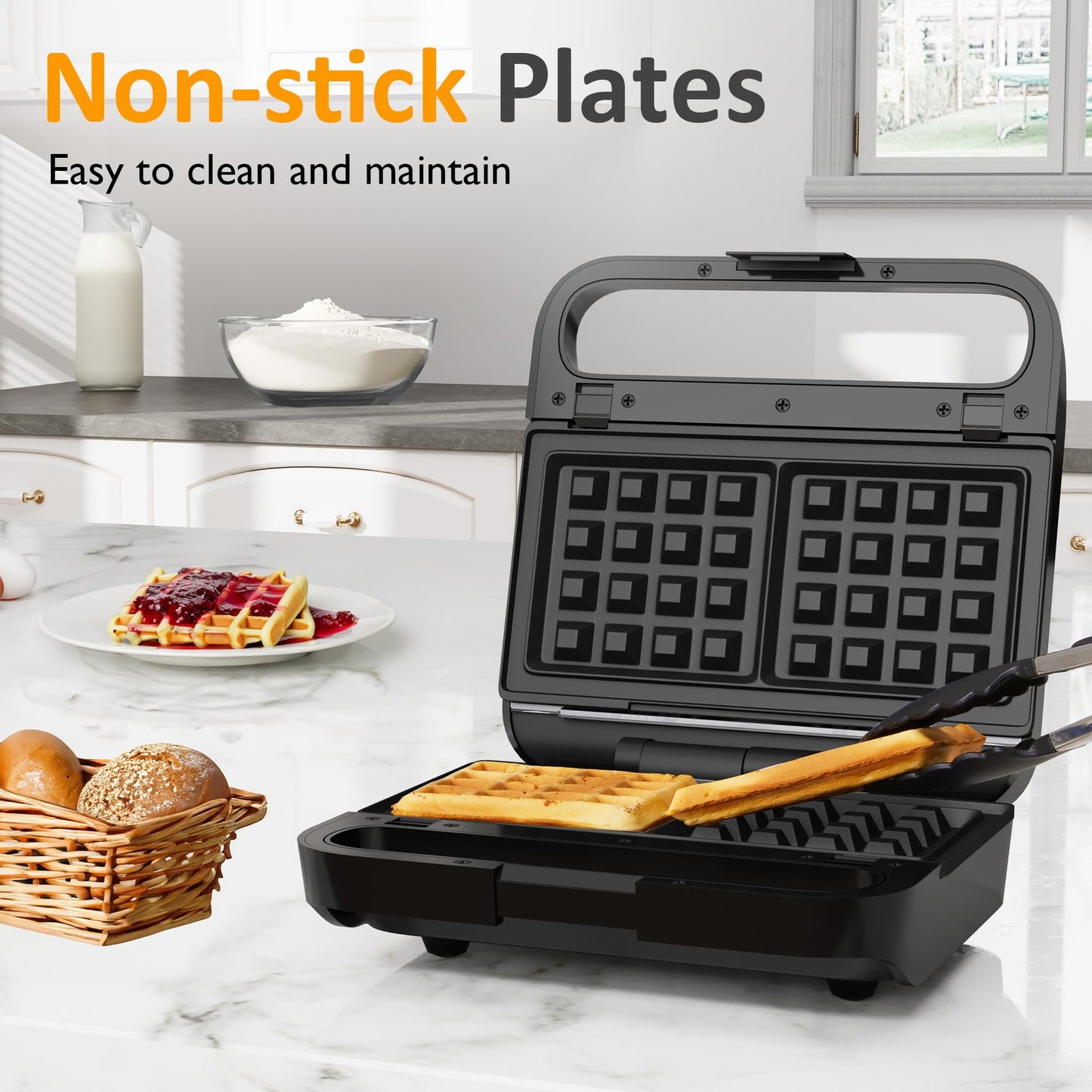 Sunvivi 3 in1 Sandwich Maker, Electric Waffle Maker with Removable Non-stick Plates, 850W Panini Press Grill with Glass Top, Cool Touch Handle & Easy to Clean, Black