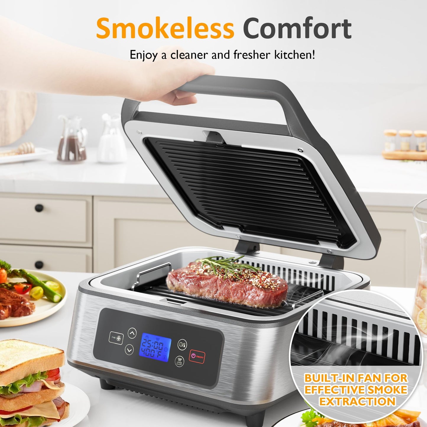 Sunvivi 1300W Smokeless Indoor Grill, Electric Panini Press Sandwich Maker with Auto-Lift, Fan, Independent Upper Heating, and Smart Time & Temperature Control, Removable Non-Stick Plates