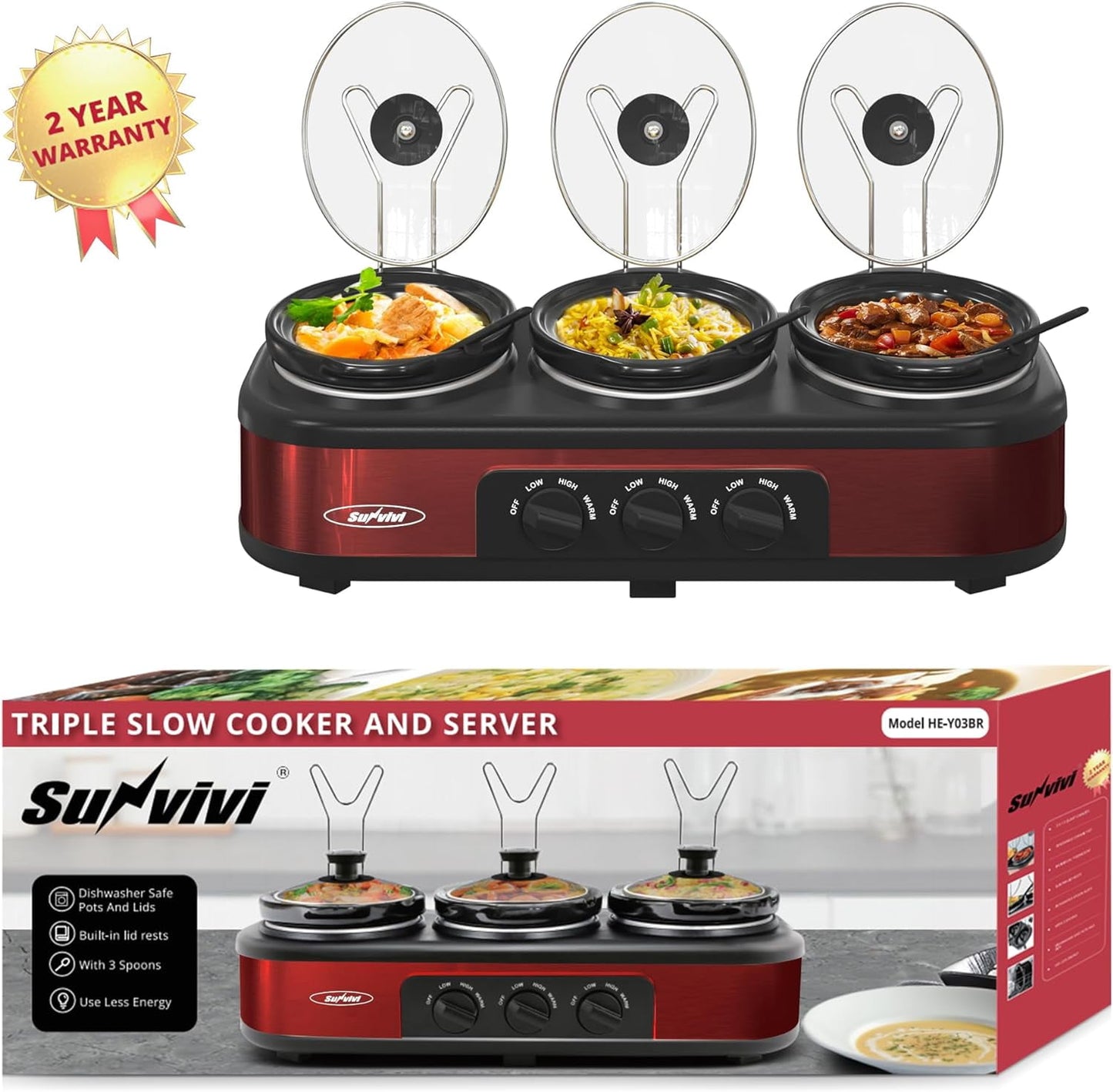 Sunvivi Triple Slow Cooker Buffet Servers and Warmer,3 Pot Food Small Mini Manual Slow Cooker with Adjustable Temp Stainless Steel Lid Rests,Removable Ceramic Pot,4.5 QT Red