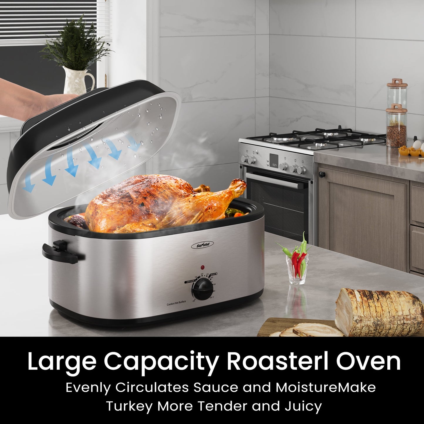 Sunvivi Roaster Oven with Self-Basting Lid, 24qt Electric Roaster with Removable Pan & Rack, Turkey Roaster Oven with Defrost & Warm Function, Stainless Steel, Silver