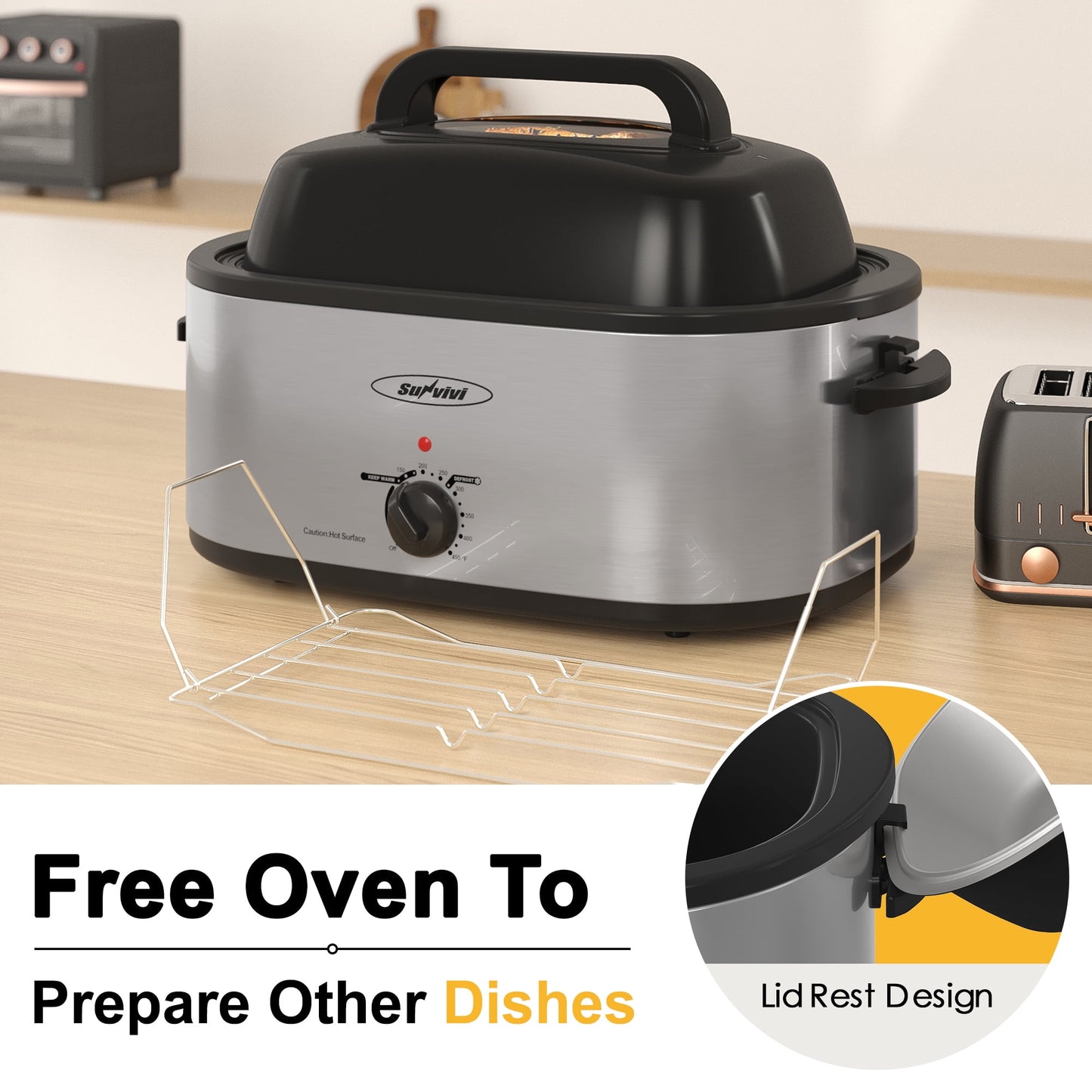 Sunvivi 20 Quart Electric Turkey Roaster Oven with Visible Glass Lid,Removable Pan & Rack, Stainless Steel,Silver