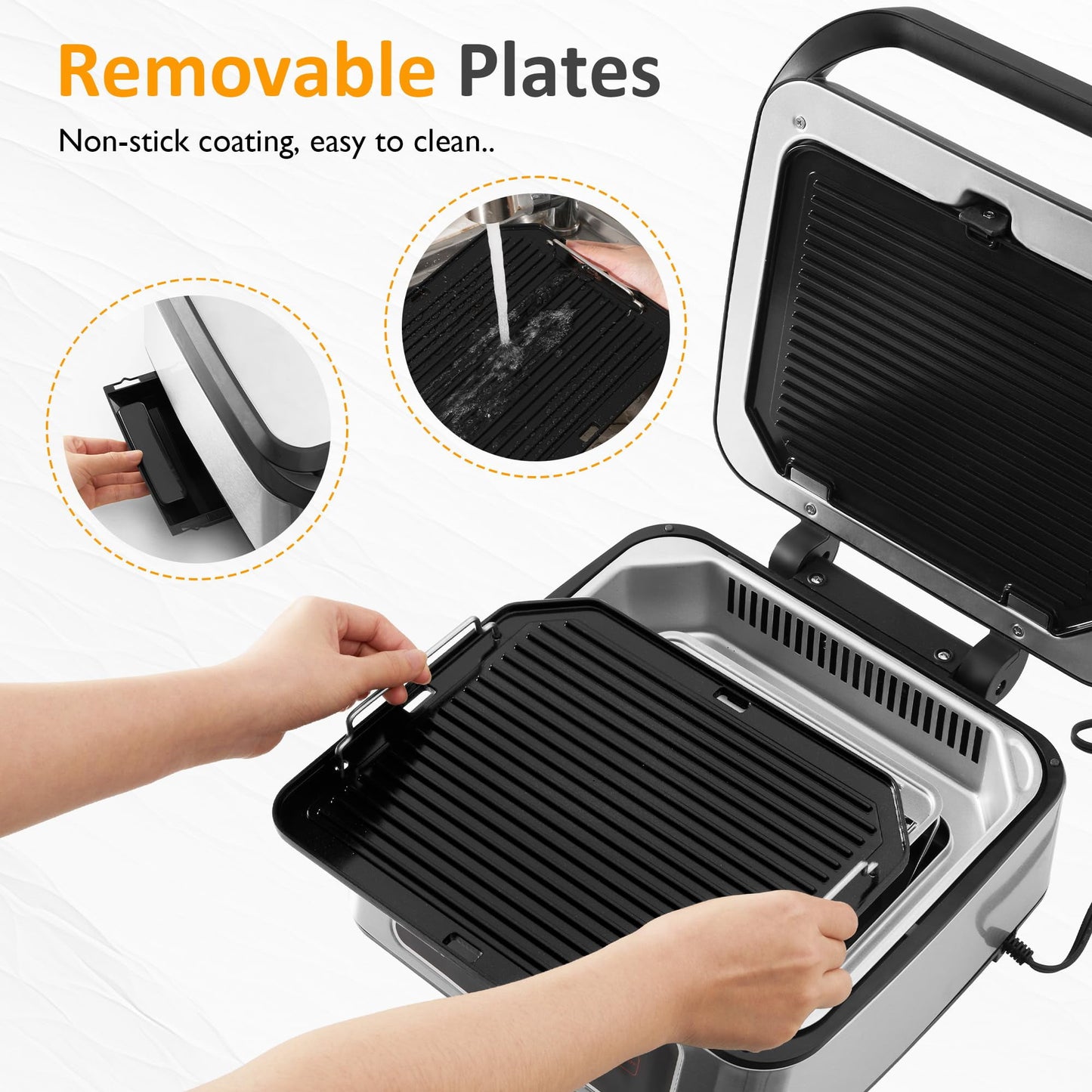 Sunvivi 1300W Smokeless Indoor Grill, Electric Panini Press Sandwich Maker with Auto-Lift, Fan, Independent Upper Heating, and Smart Time & Temperature Control, Removable Non-Stick Plates
