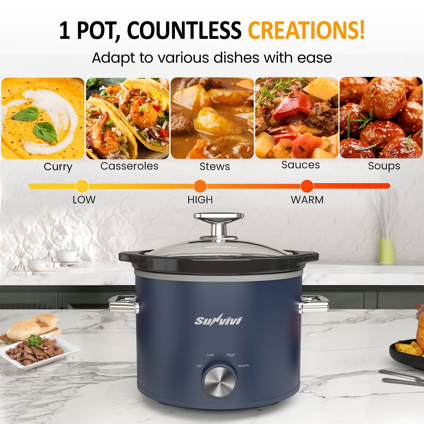 Sunvivi 2QT Small Slow Cooker with Removable Ceramic Pot, 3 Heating Settings - Blue