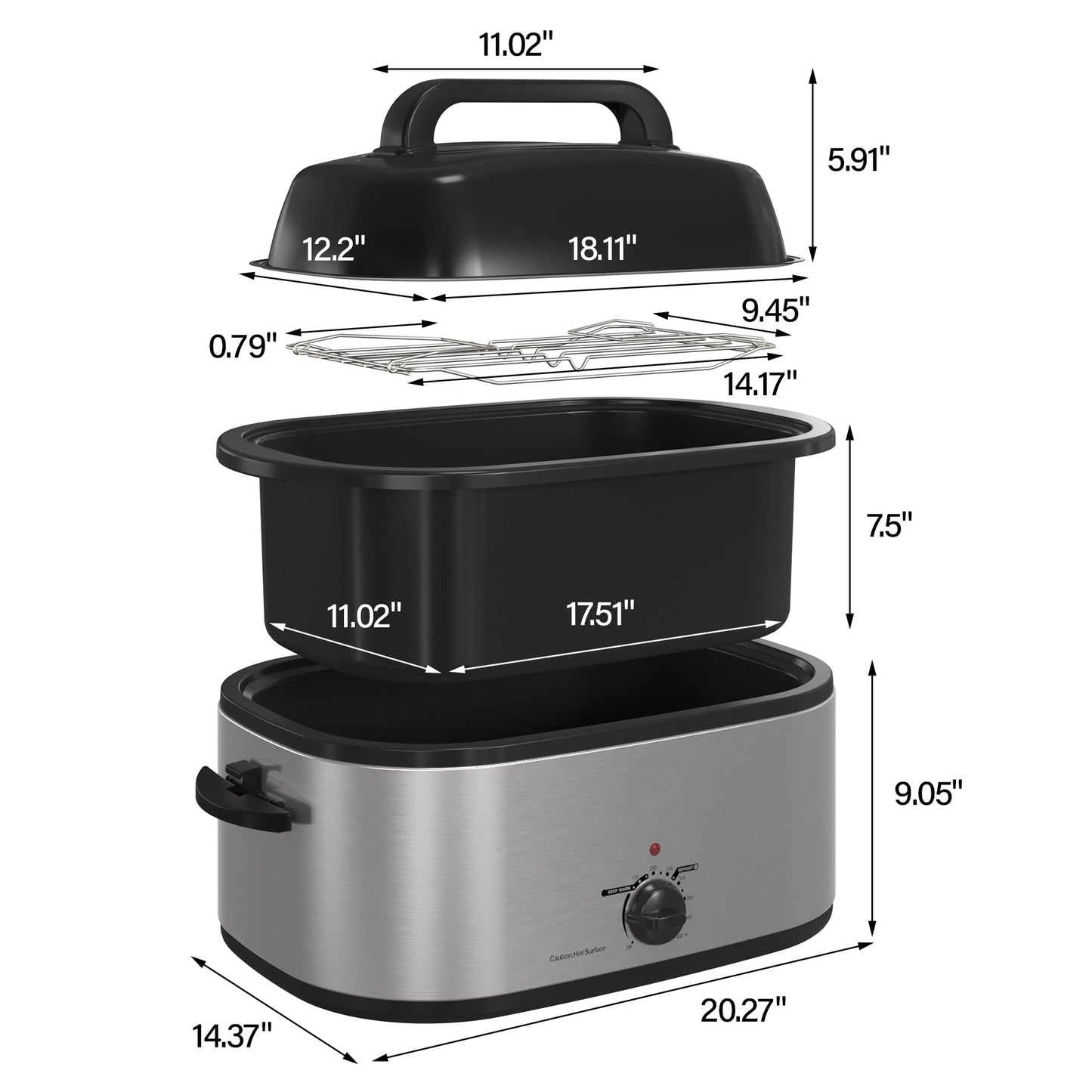 RoyalCraft 22 Quart Electric Turkey Roaster Oven with Visible Glass Lid, with Removable Pan & Rack, Stainless Steel