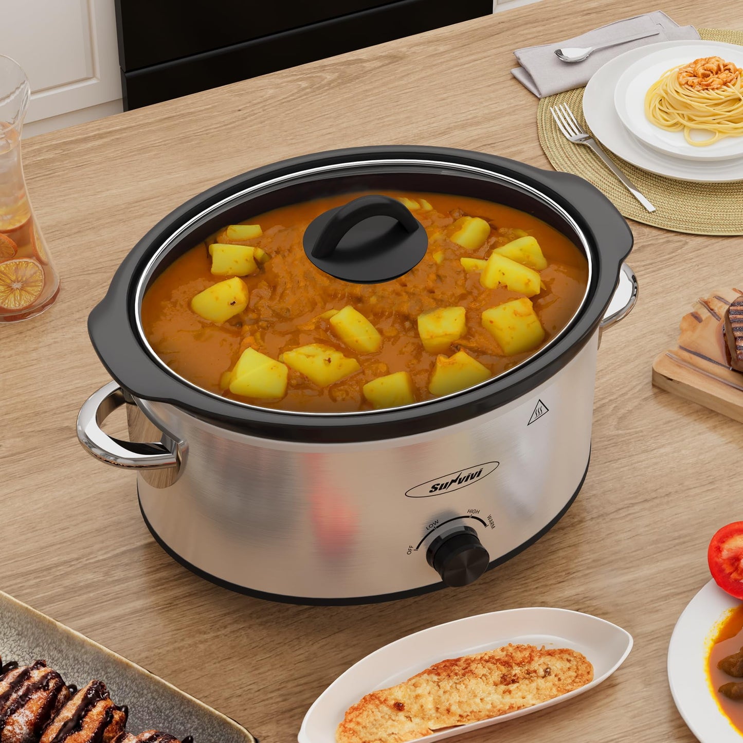 SUNVIVI Small Slow Cooker 4QT, Mini Food Warmer with 3 Heating Settings, Removable Ceramic Pots, Dishwasher Safe Glass Lid, Stainless Steel