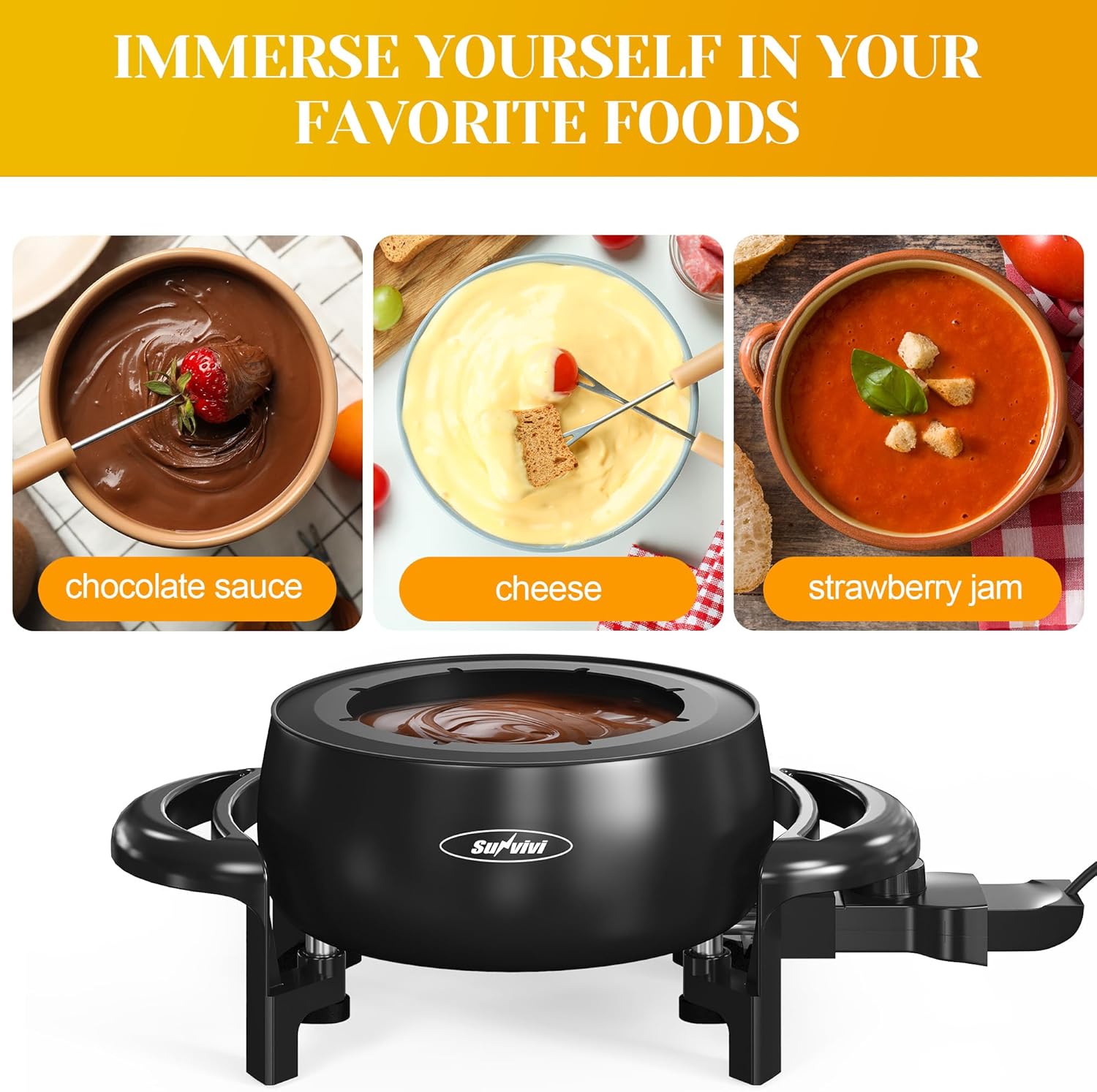 Electric Fondue Pot Set 3 Quart Fondue Set for Melting Chocolate Cheese with 8 Color-Coded Forks