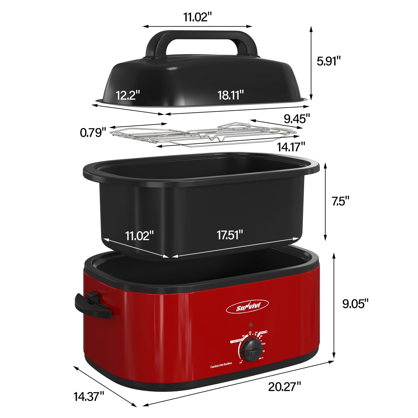 Sunvivi 24 Quart Electric Turkey Roaster Oven with Visible Glass Lid,Removable Pan & Rack, Stainless Steel,Red