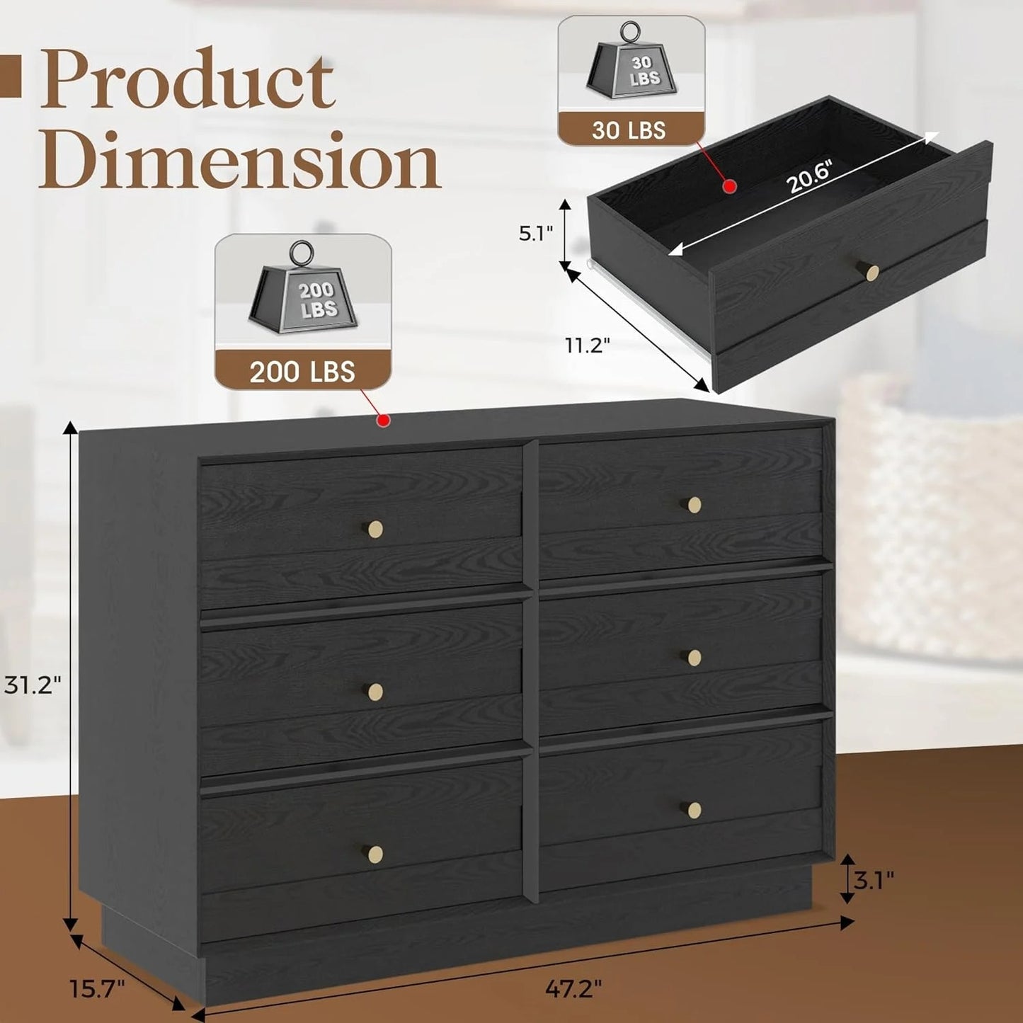 Sunvivi 6 Drawer Dresser, Modern Closet Dressers Chest of Drawers with Crystal Knobs & Decorative Painted Strip