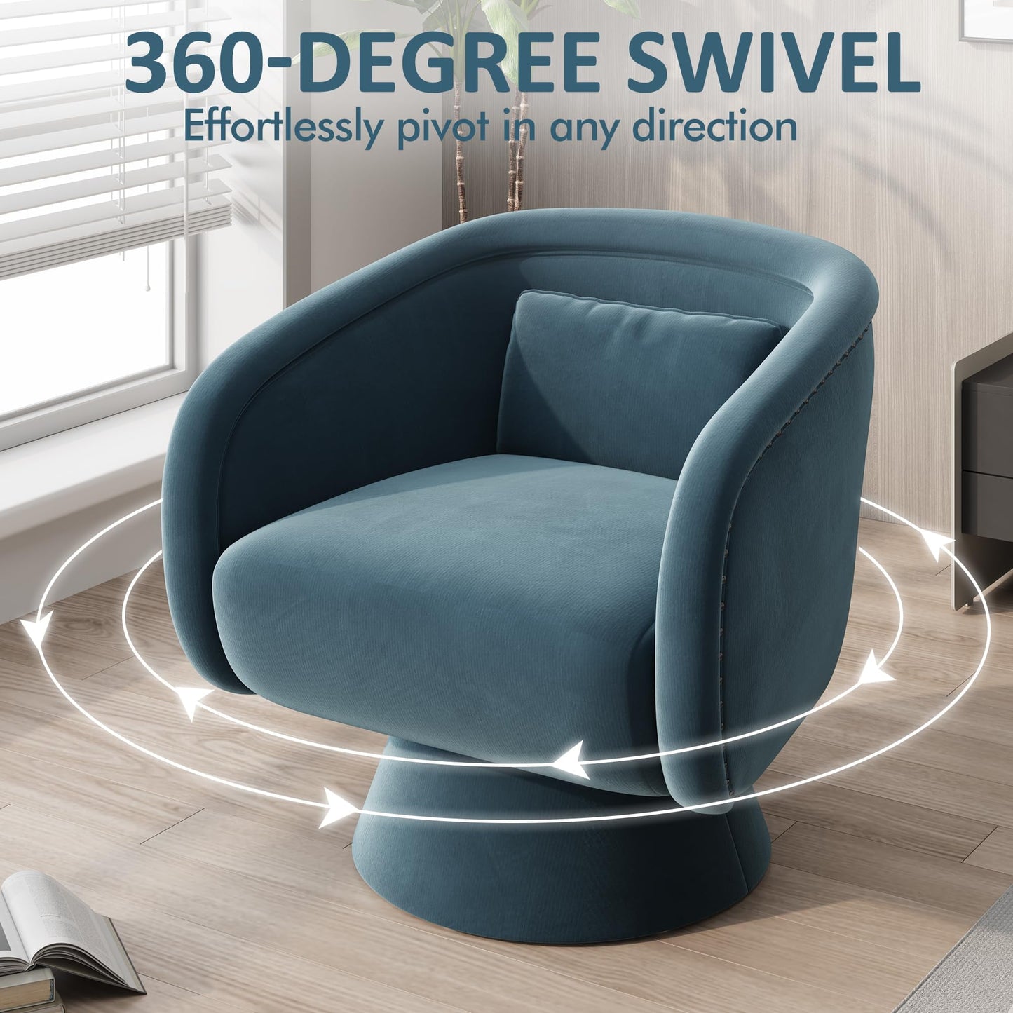 RoyalCraft Swivel Barrel Chair，360 Degree Swivel Accent Chair, Modern Round Chair with Pillow, Comfy Fabric Living Room Chairs for Bedroom, Office