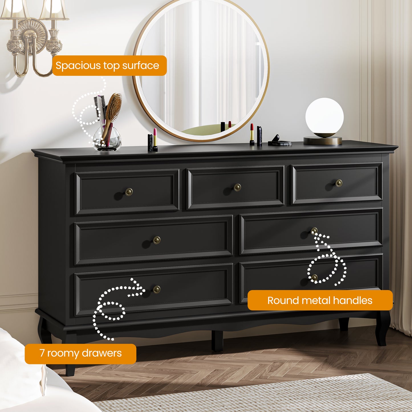 Royalcraft Dresser for Bedroom, 7 Drawers Dresser with Distinctive Wooden Legs & Black Paint Finish, Black Drawer Dresser with Spacious Storage Space for Bedroom, Living Room, Hallway