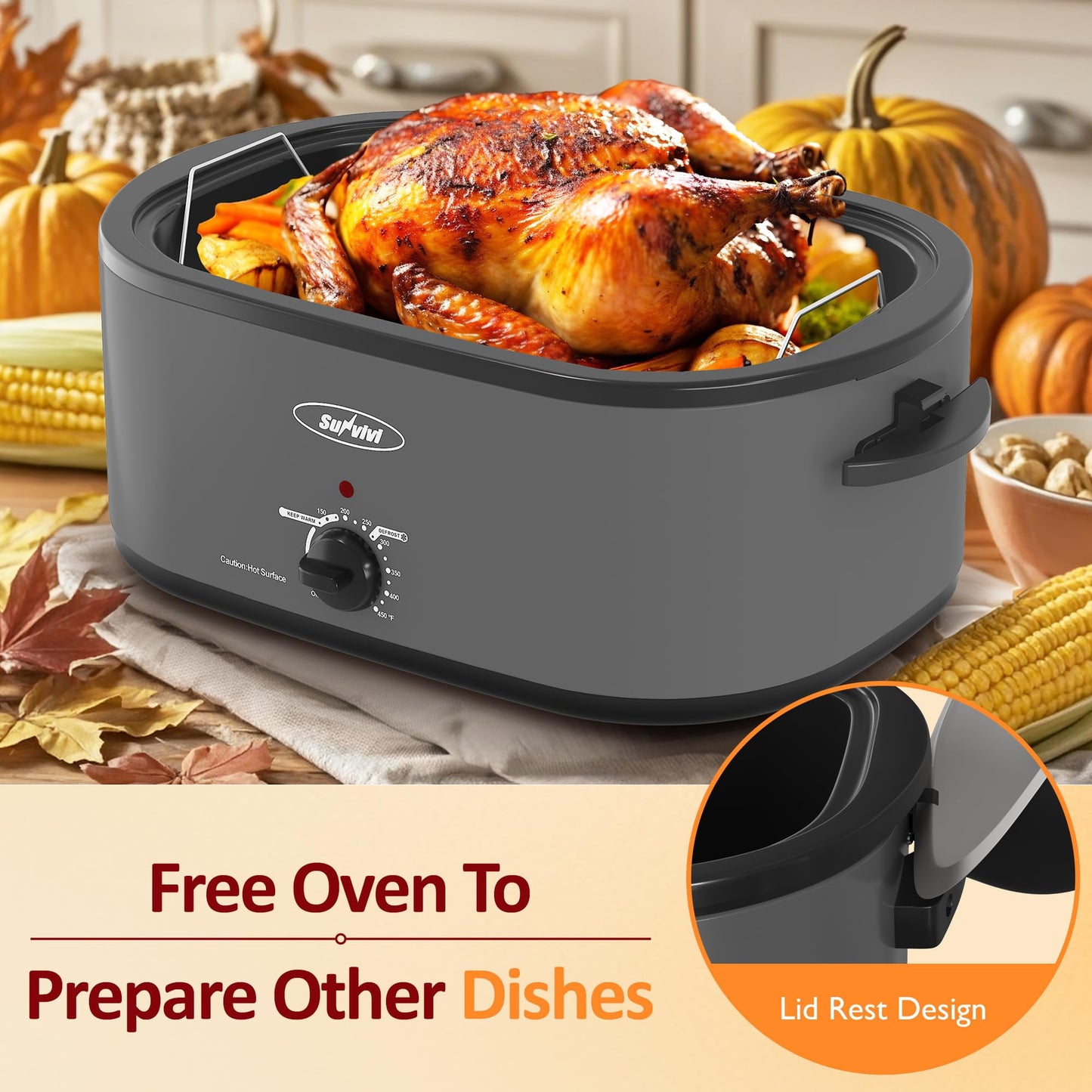 Sunvivi Electric Roaster Oven with Self-Basting Lid, 26 Quart, 150-450¡ãF, Gray