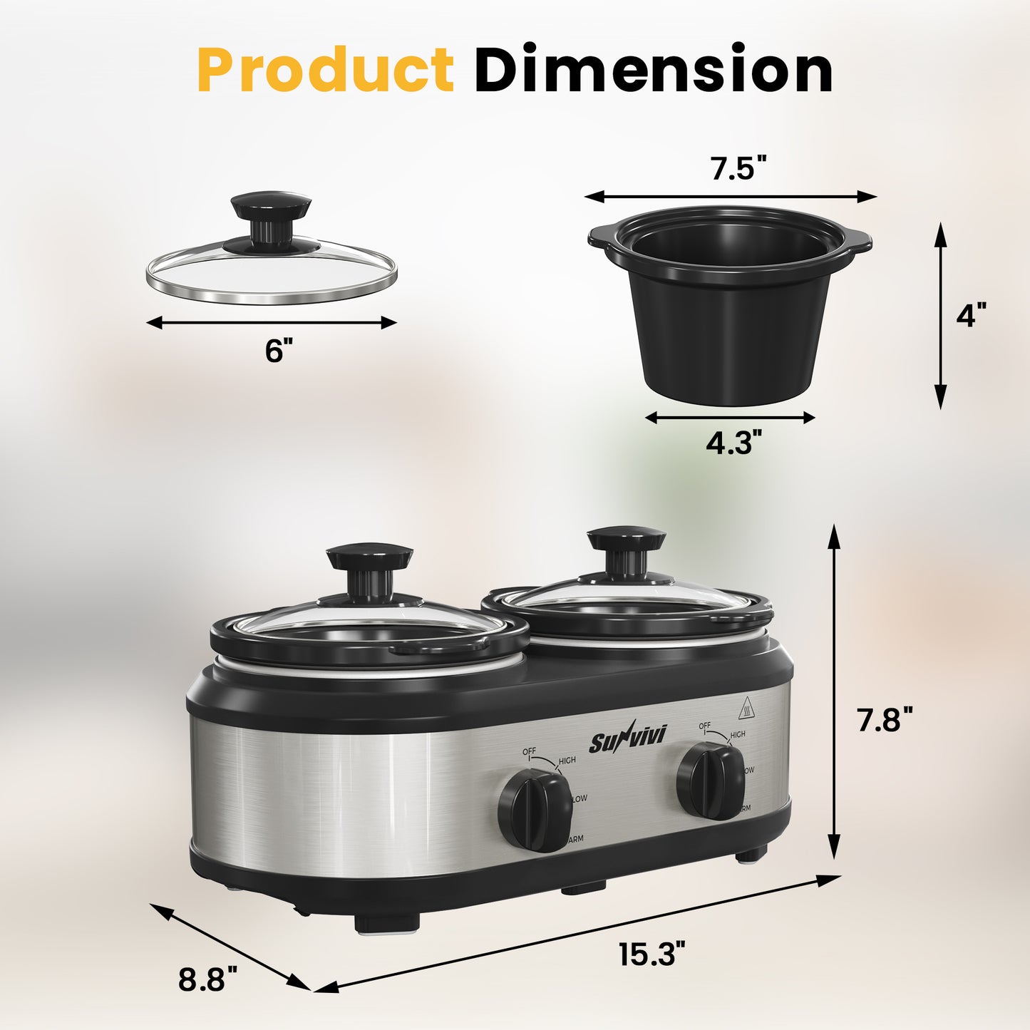 Sunvivi Dual Slow Cooker, Buffet Server and Warmer with 2 Removable Ceramic Pots, Slow Cooker Food Warmer with 3 Adjustable Temp & 2 Visible Glass Lids, Stainless Steel, Total 2.5 QT