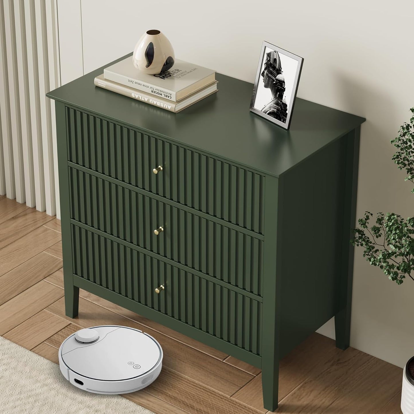 SUNVIVI Fluted 3 Drawer Dresser, Wide Chest of Drawers with Ball Bearing Slide Modern Nightstand Cabinet Wood Dresser with Spacious Storage for Bedroom, Hallway, Living Room, Entryway, Green