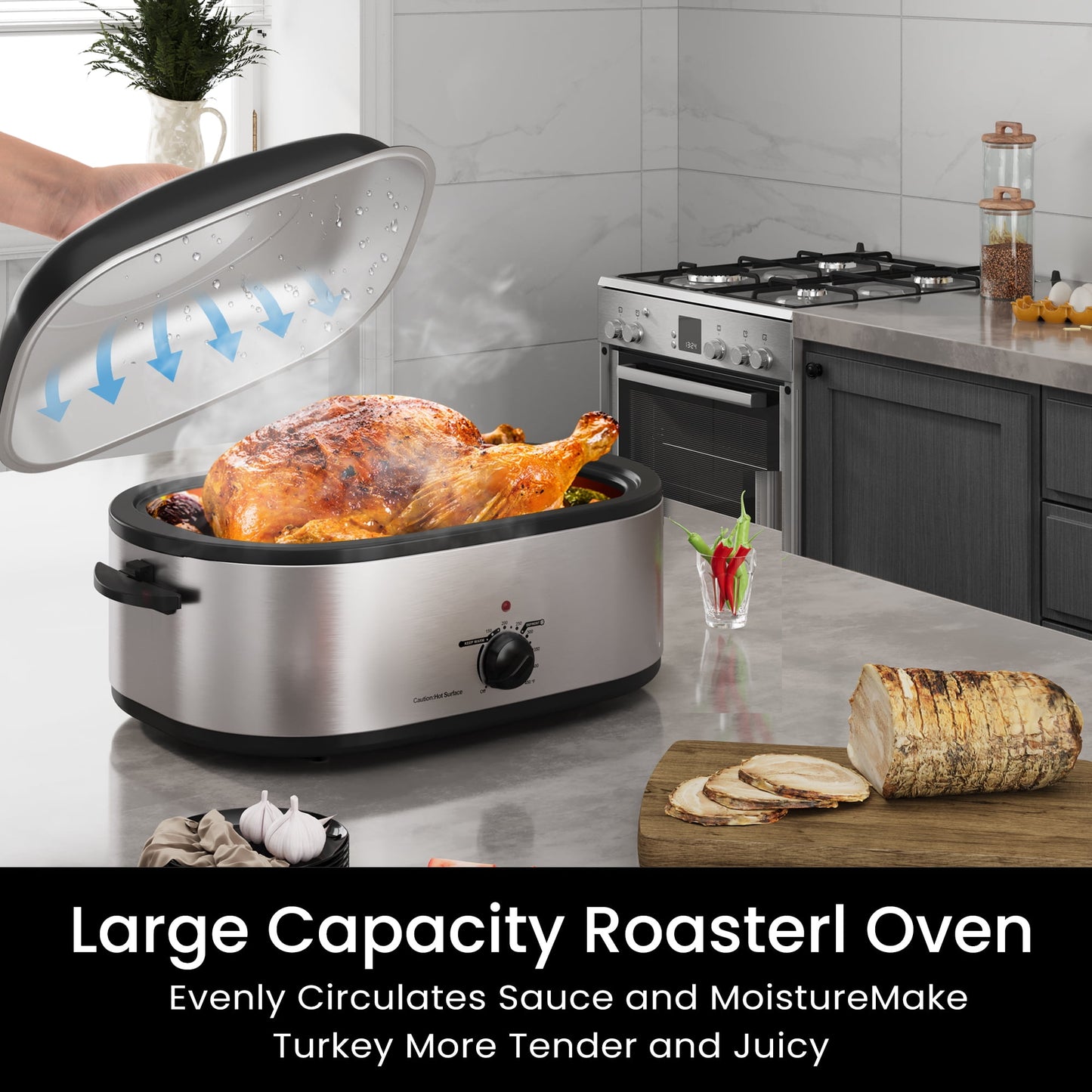 Sunvivi Roaster Oven with Self-Basting Lid, 20qt Electric Roaster with Removable Pan & Rack, Turkey Roaster Oven with Defrost & Warm Function, Stainless Steel, Silver