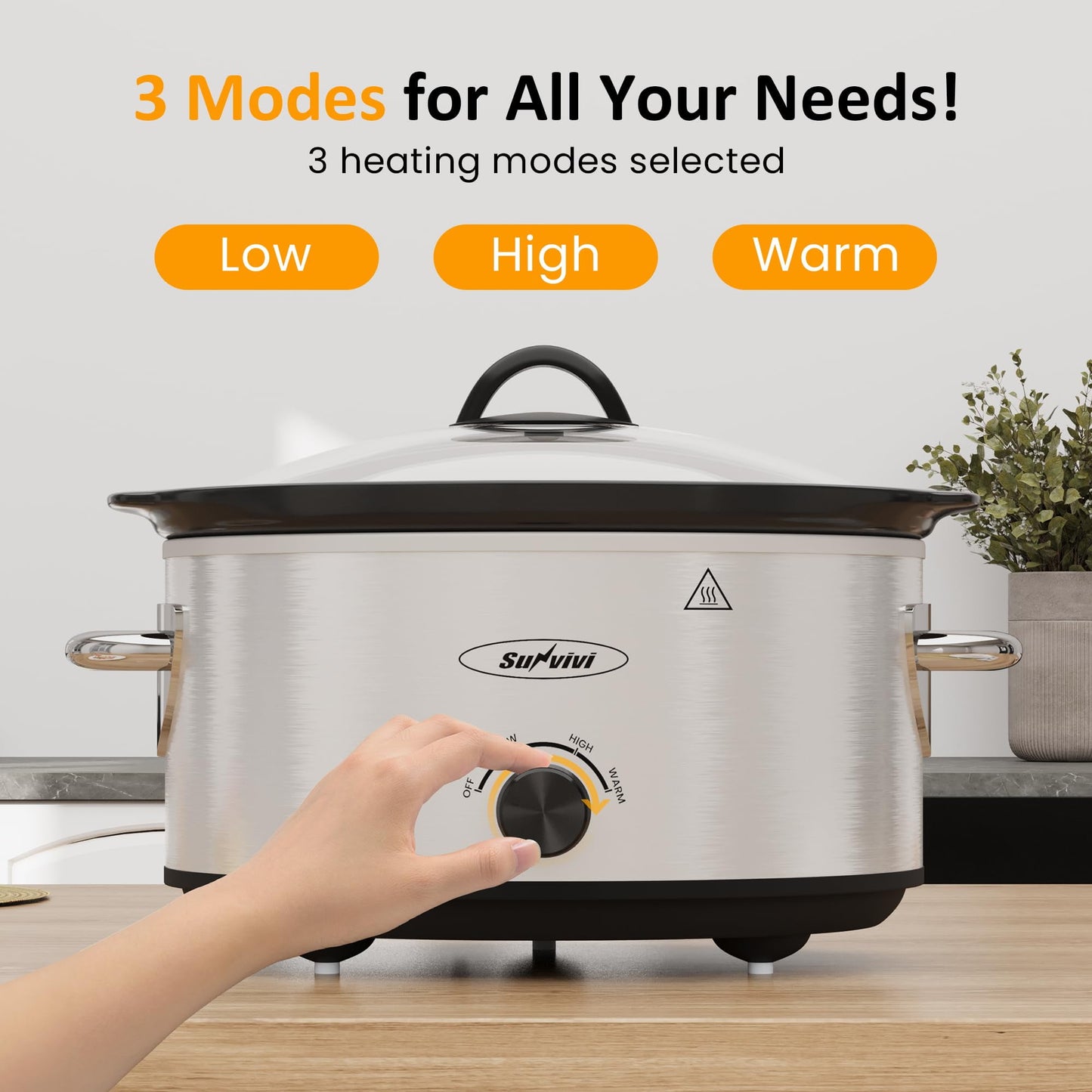 SUNVIVI Small Slow Cooker 4QT, Mini Food Warmer with 3 Heating Settings, Removable Ceramic Pots, Dishwasher Safe Glass Lid, Stainless Steel