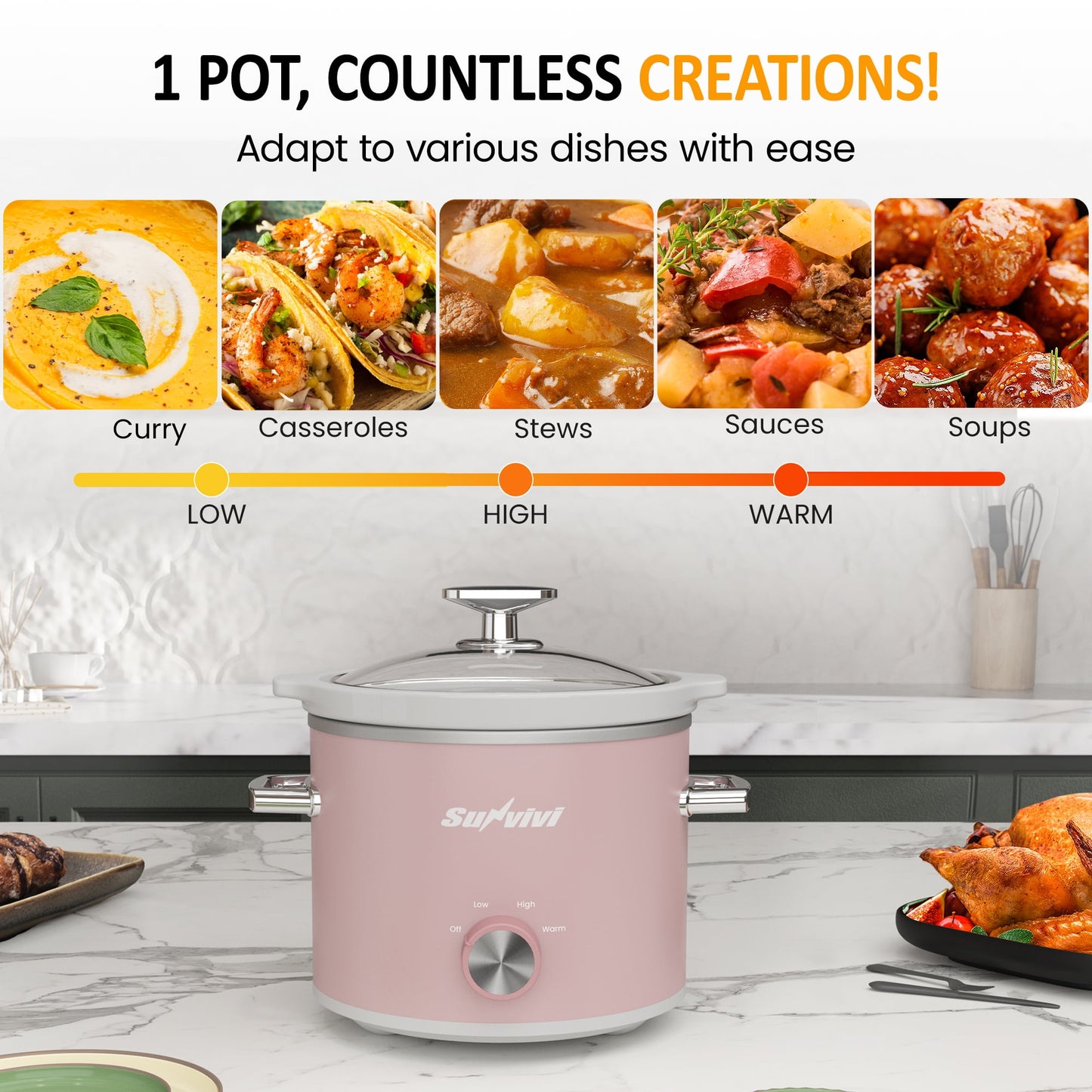 2QT Small Slow Cooker with Removable Ceramic Pot, 3 Heating Settings, Dishwasher-Safe Glass Lid, Pink