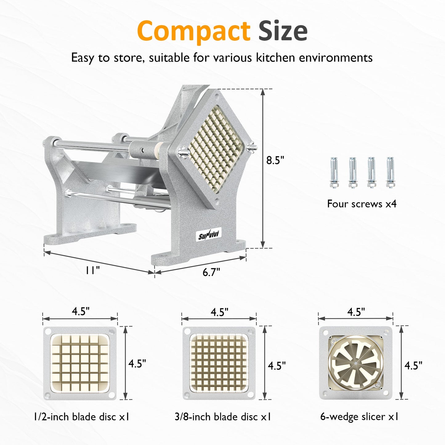French Fry Cutter with 1/2 Inch and 3/8 Inch Blades 6-wedge Slicer Stainless Steel