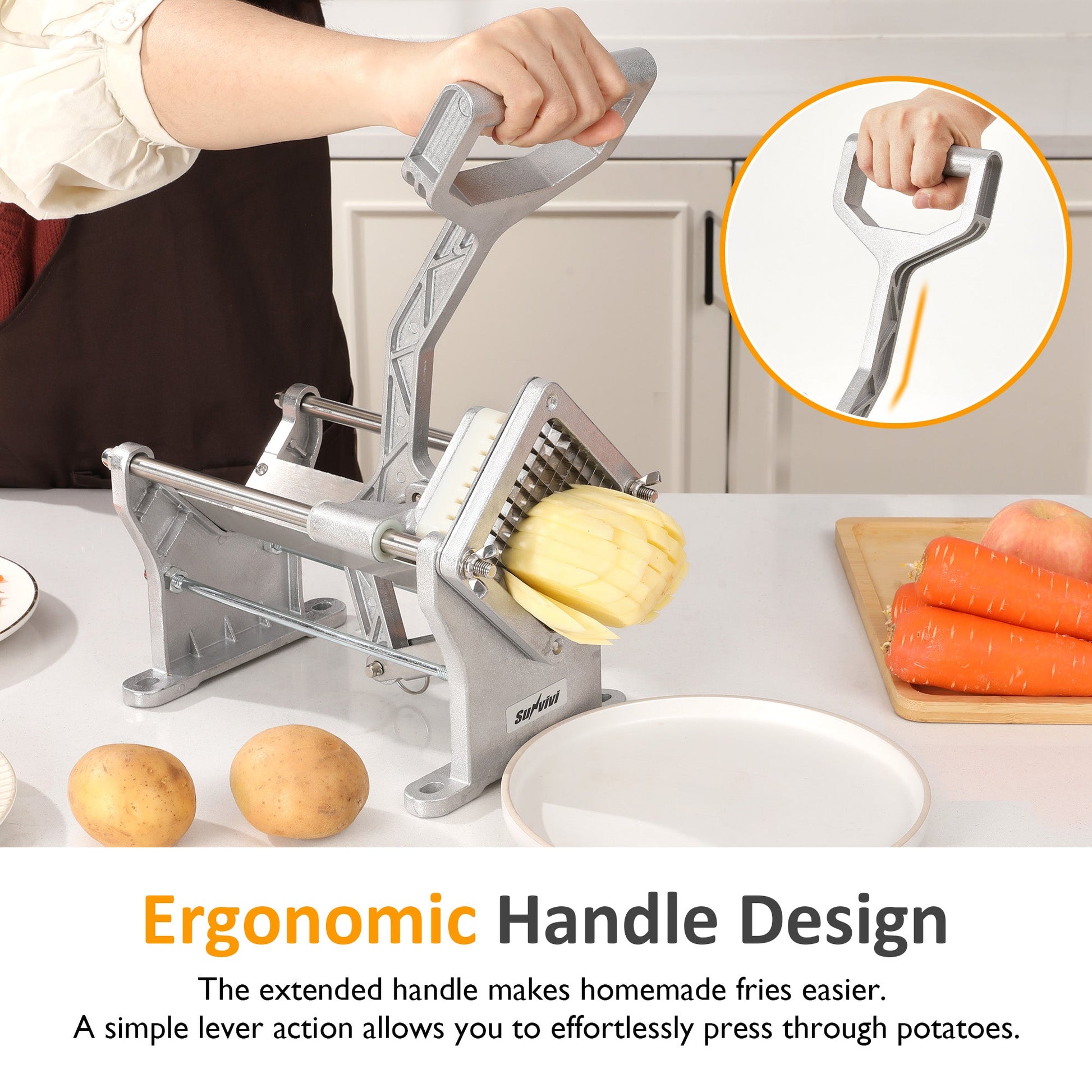 French Fry Cutter with 1/2 Inch and 3/8 Inch Blades 6-wedge Slicer Stainless Steel